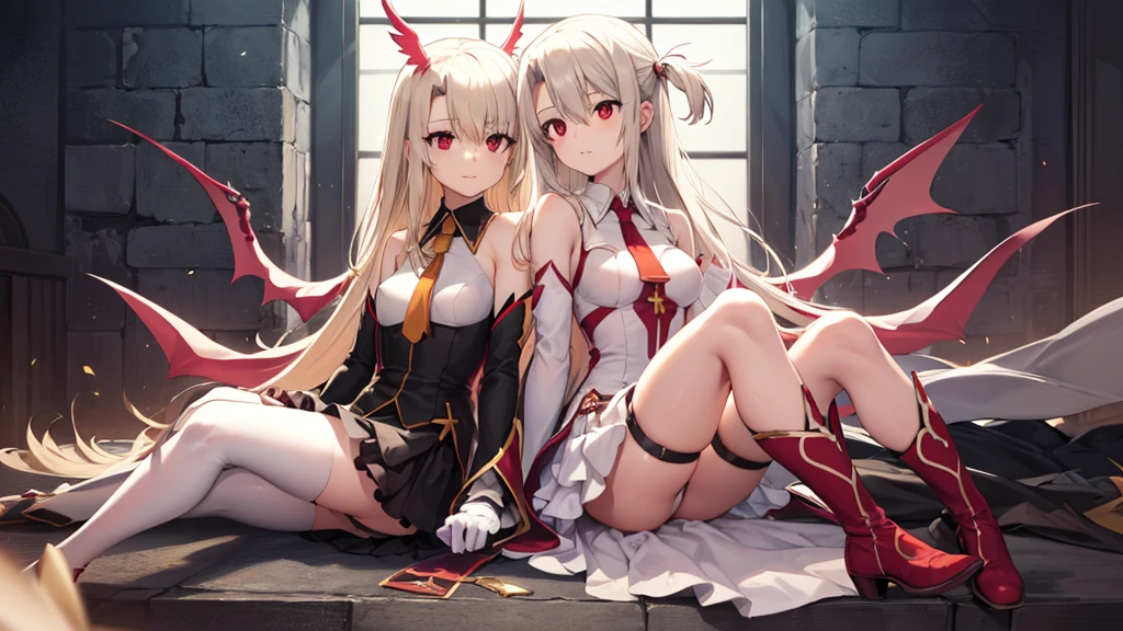 Illyasviel von Einzbern, blonde hair, hair between eyes, long hair, (red eyes:1.5),cool girl boots, Detached sleeves, White gloves,white skirt,(beautiful and delicate eyes),Twin Holy Dragons,God's Holy Judgment,The Judgment of No Lost Light,Finale: Crime and Punishment