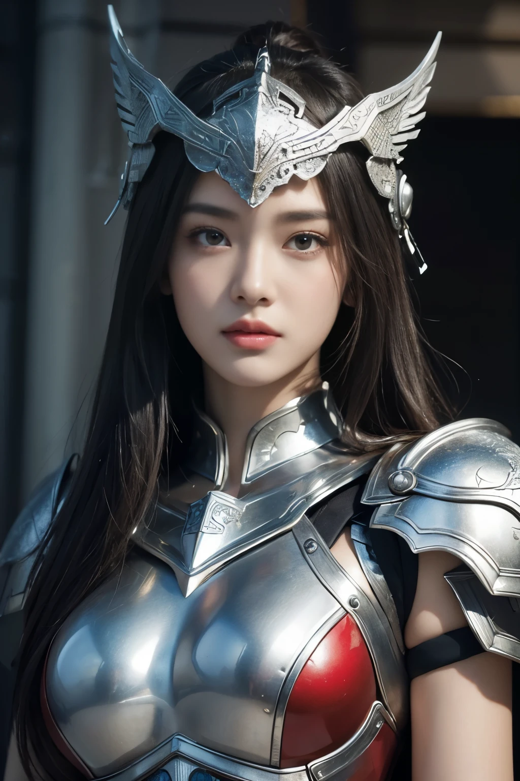 (top-quality,masterpiece),Close up portrait of woman in silver and red dress posing,Colossal ,美丽的面容,well proportioned face,Bunching up long hair,detailed fantasy art、closes mouth,Fanart Meilleure ArtStation、epic exquisite character art、Dragon helmet,Beautiful armor、Armor with intricate details,extremely detailed art germ、Detailed Digital Anime Art、armor girl,valkyrie,Painted on the waist,