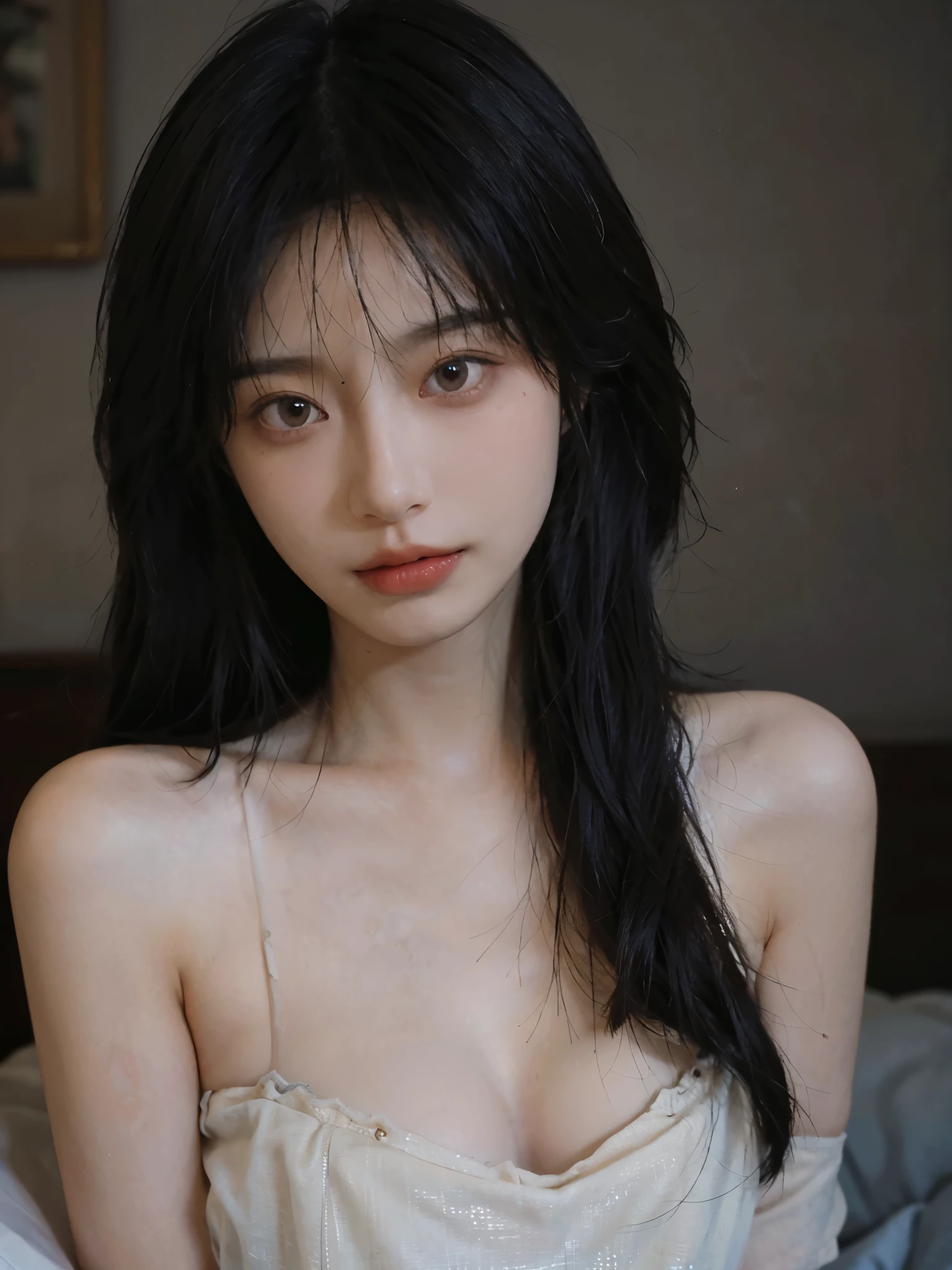 Film portrait photography, 1 girl, bare shoulders, Shoulder length wavy hair, serene, calm, (Realistic and detailed eyes, natural skin texture, Realistic facial details), Soft dramatic lighting, depth of field, Bokeh,cleavage，大cleavage， Vibrant details, Detailed and detailed, surreal, 35mm film, hazy, ,