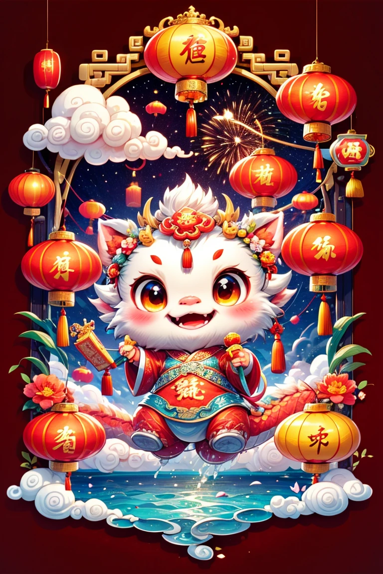 1 Chinese dragon，[(red background:1.5)::5]，medium shot，Chinese style，chinese palace，Spring Festival，lantern，fireworks，firecracker，flowers，clouds，stone fragment，Beautiful and delicate water，Wood grain flooring，Cute Chinese Dragon