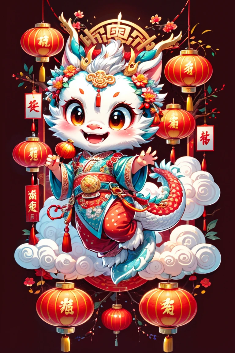 1 Chinese dragon，[(red background:1.5)::5]，medium shot，Chinese style，chinese palace，Spring Festival，lantern，fireworks，firecracker，flowers，clouds，stone fragment，Beautiful and delicate water，Wood grain flooring，Cute Chinese Dragon