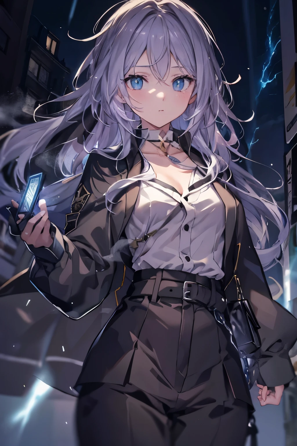 (real:0.2)、anime illustration、1 girl、、black coat、、Paris、France、sfv、black pants、black office shirt、、carmen sandigo、、blue sky、、long hair、、dramatic lightning、Lamp light、epic lighting, light falling on face, The light from the rear window is backlit., Face Light, The face is illuminated, fill light, fill light, ((master piece)), (Carmen_Sandigo_v1-1_Shulik-2000:0.6) information, silver hair, golden eyes
