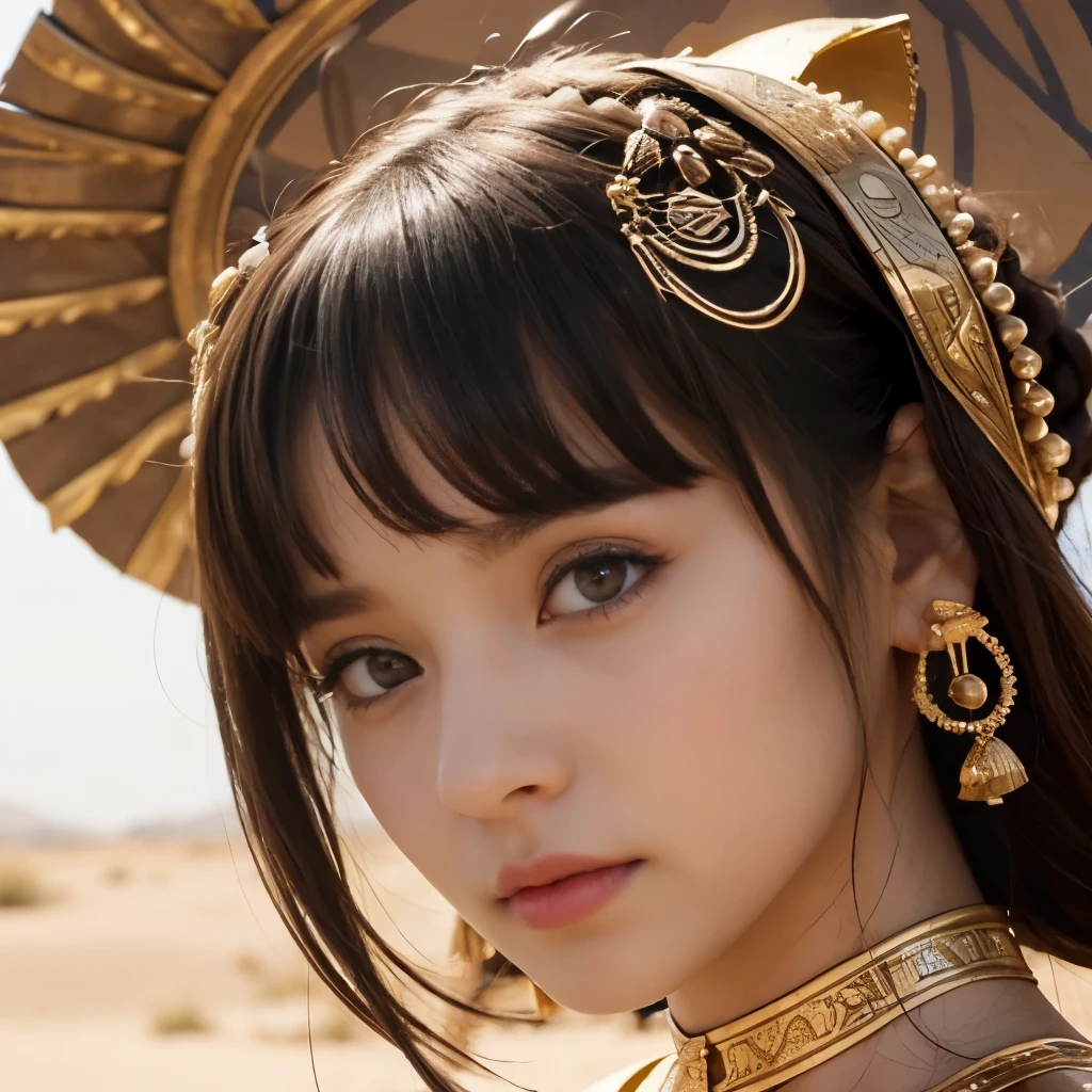 Cleopatra's clothes、There are many areas where the skin is exposed、Erotic、cute、hairstyle short、skin color is light brown、Desert background