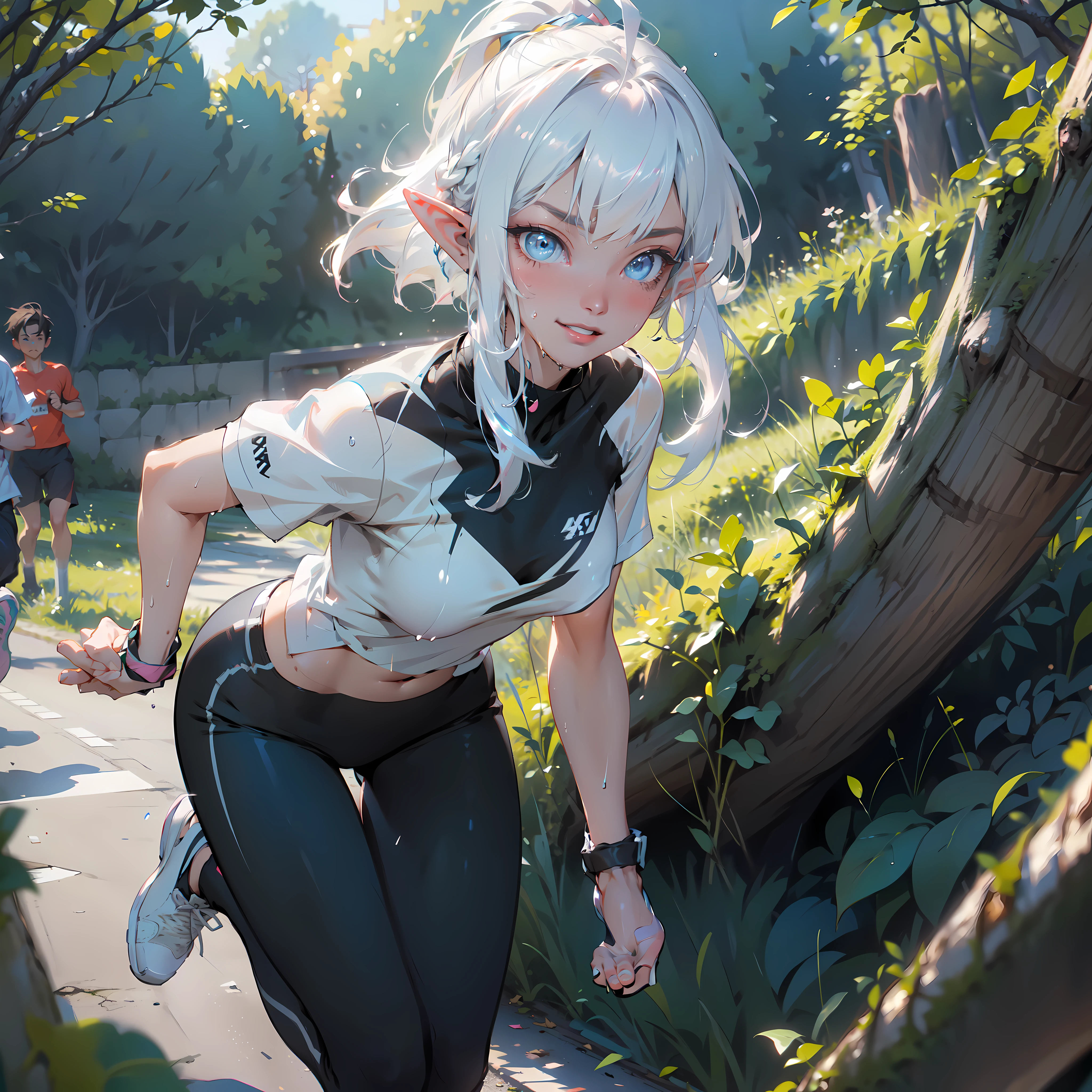 [[realistic shadow]], (Ray tracing), (Best lighting), (Depth of field:1.2), (Warm), (cg art), ((masterpiece)), (top quality), (best quality), ((ultra-detailed, 8k quality)), Aesthetics, Cinematic lighting, soft semi-backlit light, (detailed line art), absurdres, (best composition), (high-resolution),
BREAK,
beautiful of ((elf girl)), (Runners), jog, (White and black lined Jersey), sports leggings, sneakers, Beautiful scene, detailed background, Sunbeam, Running toward viewer in the park, (motion speed effect:1.1), (blurry), Dynamic pose, (Tree-lined avenue, lot of woods:1.2), (lot of people running:1.1), ( (sweat: 1.2), (wet), atmospheric perspective, cinematic dramatic atmosphere, 
BREAK,
highly detailed of (elf), (1girl), solo, perfect face, details eye, ahoge, French braids, long sideburns, ponytail, (white shining hair), (hime cut bangs), medium hair, (blue eyes), shining eyes, (beautiful detailed eyelashes, eyeshadow, pink eyeshadow), Smiling, Concept art by Mikimoto Haruhiko, by Kawacy, By Yoshitaka Amano,
BREAK, 
((perfect anatomy)), perfect body, Abs, (medium breast), perfect hands, perfect face, beautiful face, beautiful eyes, perfect eyes, (perfect fingers, deatailed fingers), correct anatomy, perfect legs, 