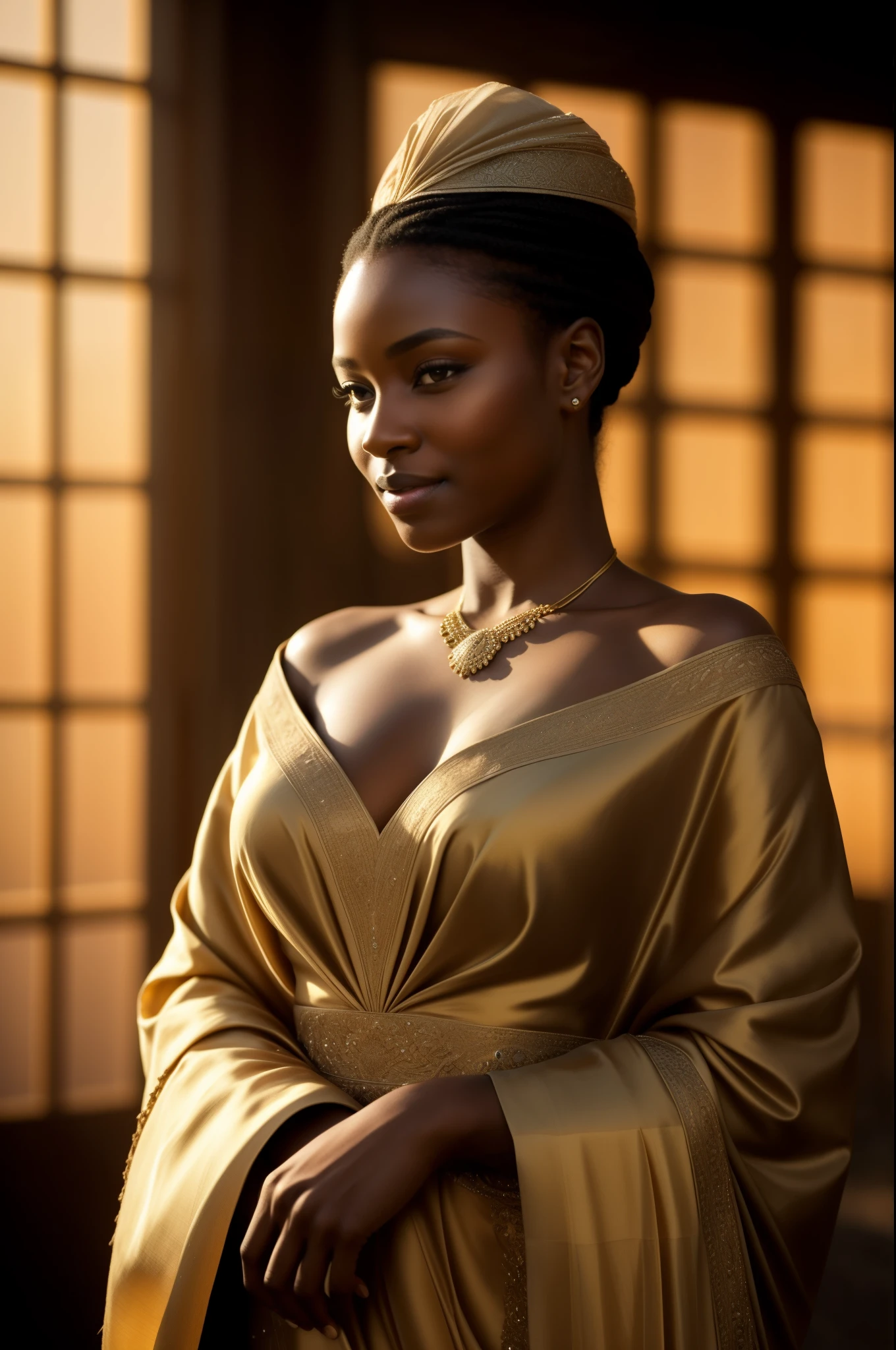 African Bathsheba, poised and radiant before the sunrise, throws a gentle smile as she looks directly into the camera lens. The sun's first light bathes her in a warm, ethereal glow, casting long, delicate shadows across the serene landscape. Draped in a high-fashion, yet modest ensemble, she exudes an air of humility and inner beauty. The fabric of her garment shimmers with a rich texture, intricately stitched with precision and elegance. The sunlight catches the fine detailing of her outfit, throwing the hues into a stunning relief. Her dark, almond-shaped eyes reflect the burgeoning brilliance of the sun, adding an