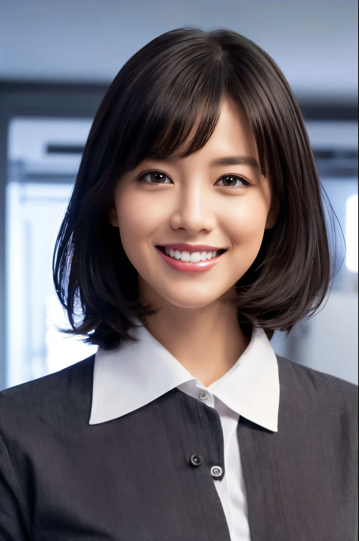 best quality, photorealistic, 8k, high res, 1girl, woman, (skindentation), (professional lighting), (portrait:0.6), (buttoned office shirt:1.64), (white choker:1), gorgeous, ((black hair)), (short straight hair:1.4), (flowing hair:1.6), (1girl eyes looking at viewer:1), ((looking at viewer:1.6)), (1girl looking at the camera), photorealistic, (bokeh), (portait:0.6), (dynamic pose:1.2), masterpiece, intricate, realistic, sharp focus, award-winning photograph, sfw, (smile:1.5),  