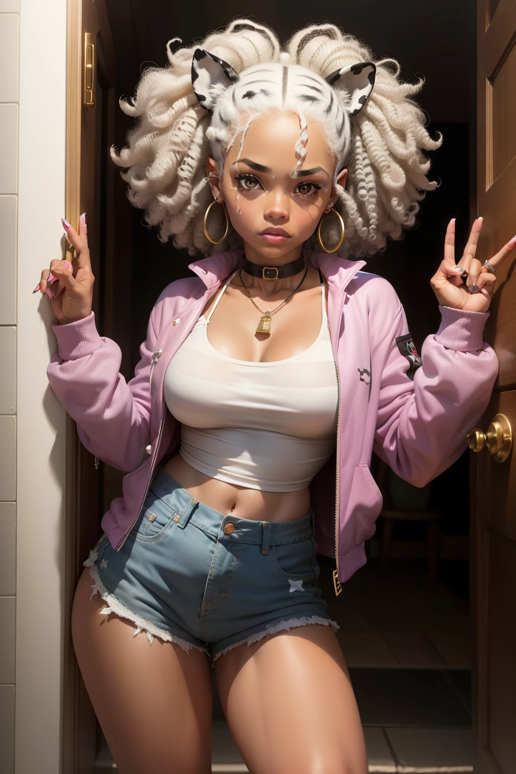 Meet Jada, a bold and independent young woman with curly hair and spotted dog ears, reminiscent of a Dalmation. She dons prison clothes, adorned with a dog collar and a bone accessory around her neck. With a white afro and white curly hair framing her face, the upper part of her body is the focus of this image. Her eyes are white, with star pupils that shine brightly. Alone in the frame, Jada strikes a paw pose, adding to the playful and quirky vibe of the scene. Dressed in a striped shirt and a striped bomber jacket, Jada's unusual appearance grabs your attention, making this PP