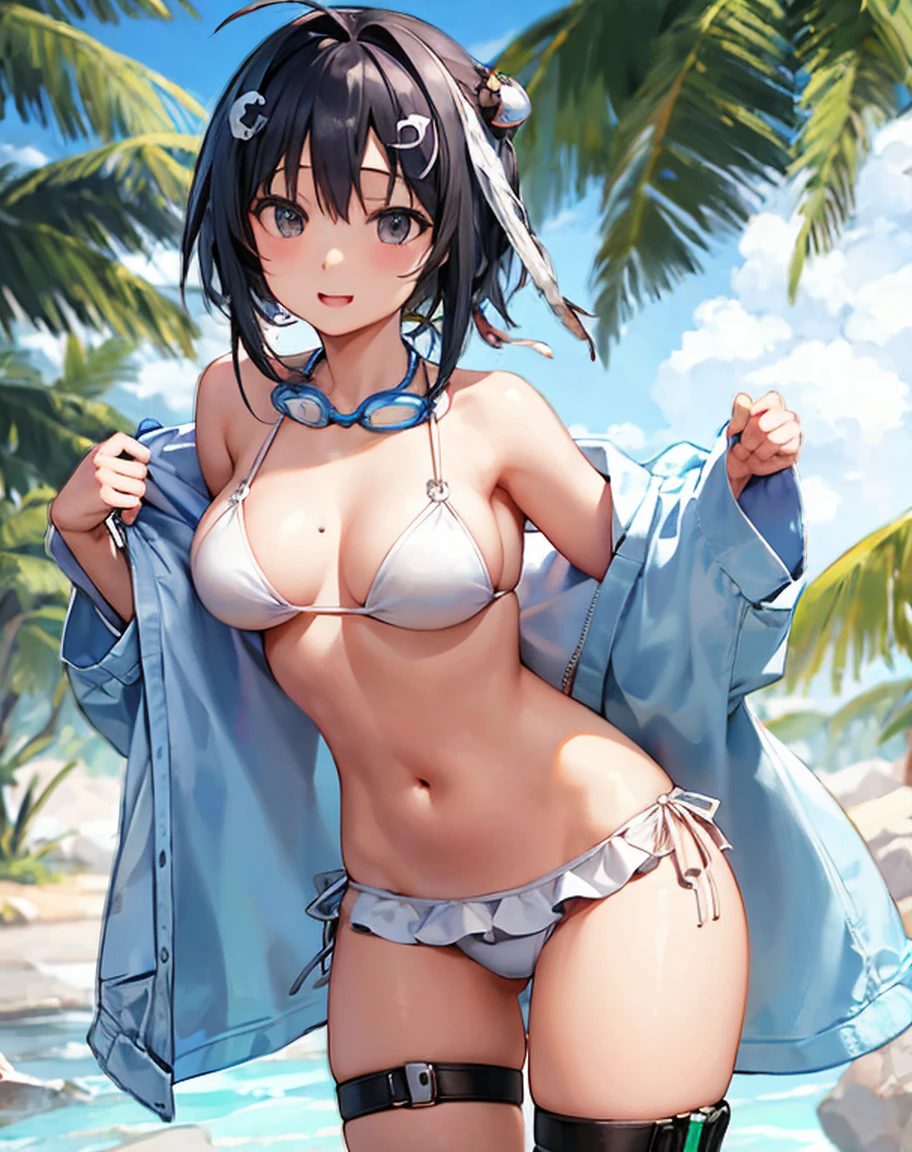 white background,
1 girl,,
la pluma,la plumaswimsuit,
black hair,short hair,Ahoge,hair clip,side lock,hair intake,
feather hair,hair clip,Wing hair ornament,single hair bun hair,
black eye,
white bikini,topless、tits、ruffle bikini,open jacket,
goggles around neck,ID card,thigh strap,