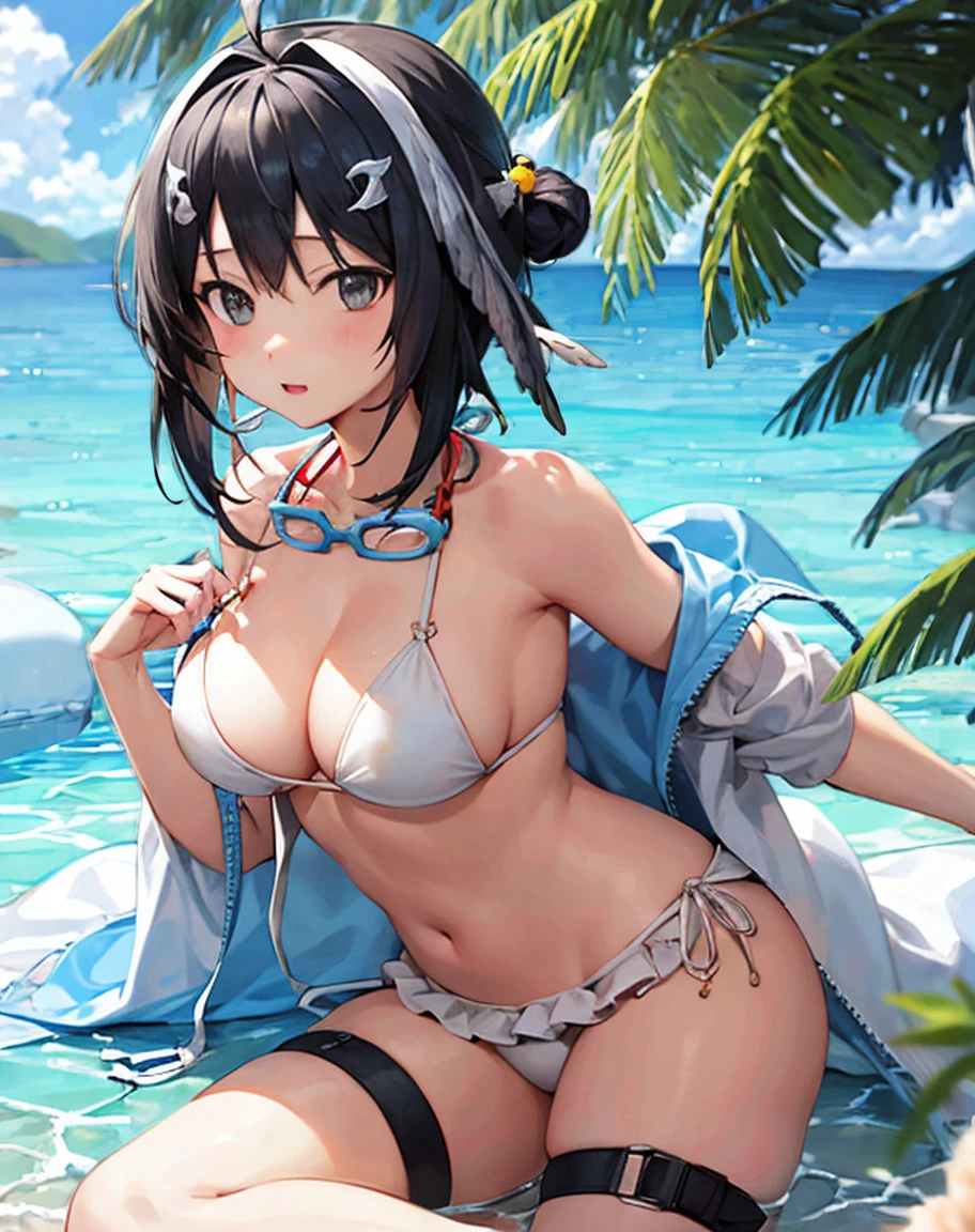 white background,
1 girl,,
la pluma,la plumaswimsuit,
black hair,short hair,Ahoge,hair clip,side lock,hair intake,
feather hair,hair clip,Wing hair ornament,single hair bun hair,
black eye,
white bikini,topless、tits、ruffle bikini,open jacket,
goggles around neck,ID card,thigh strap,