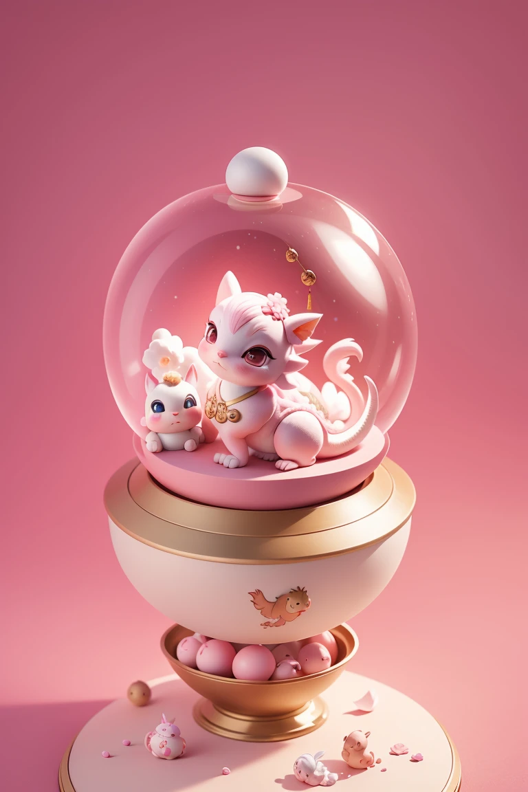 Q version，Cute baby dragon，Chinese style，Pink space，Festive atmosphere，Spring Festival