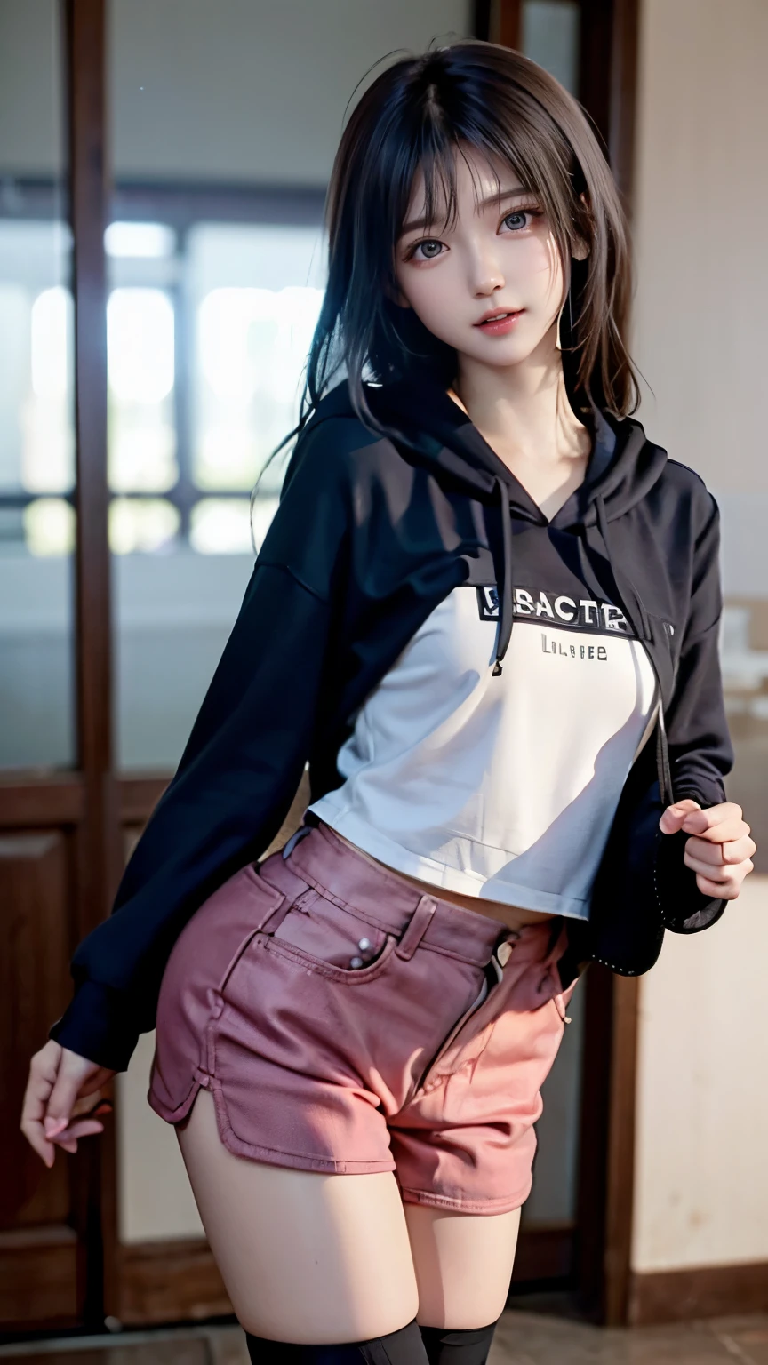 highest quality，whole body，woman，Blunt bangs，Black Hair，Short Crop Hair，Shiny Hair，With big eyes、tea，bright、Has a lively expression，健康的でbright肌の色，Small Mouth，Thick lips，Big Breasts，The thighs are a little thicker，Looking at the camera，Cinema Lighting，Long hoodie，Small Ass，hair band，Shorts，Both hands are in the stomach pockets of his hoodie，Baseball cap，sunglasses，