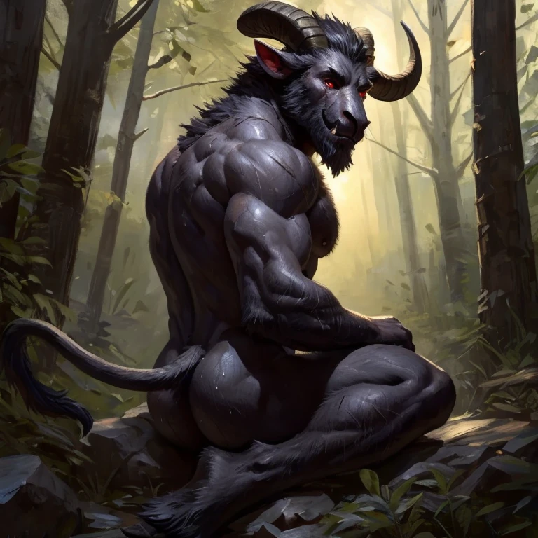 Krampus. solo. Black fur, big gray testicles. Scars in some parts Including the butt. Sweaty. looking at me with an comfortable look, Red eyes. Placid smile. Sweaty, full body image, Taran Fiddler style, medium shading. Giving back. Lying so that their big feets are closer to the camera. Turning back on the image. The butt points towards the image. Background in a night forest. Low light. Medium muscles