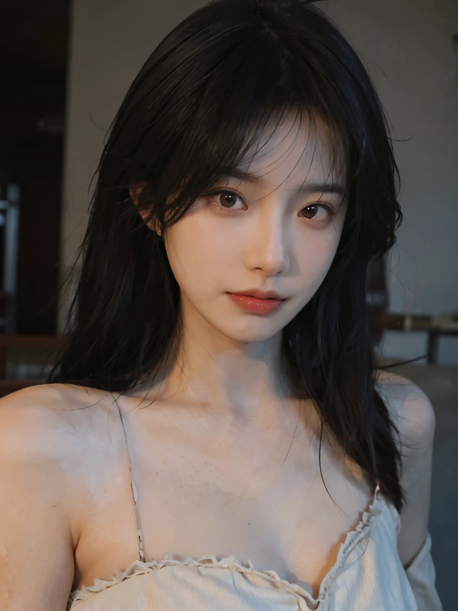 Film portrait photography, 1 girl, bare shoulders, Shoulder length wavy hair, serene, calm, (Realistic and detailed eyes, natural skin texture, Realistic facial details), Soft dramatic lighting, depth of field, Bokeh,cleavage，大cleavage， Vibrant details, Detailed and detailed, surreal, 35mm film, hazy, ,