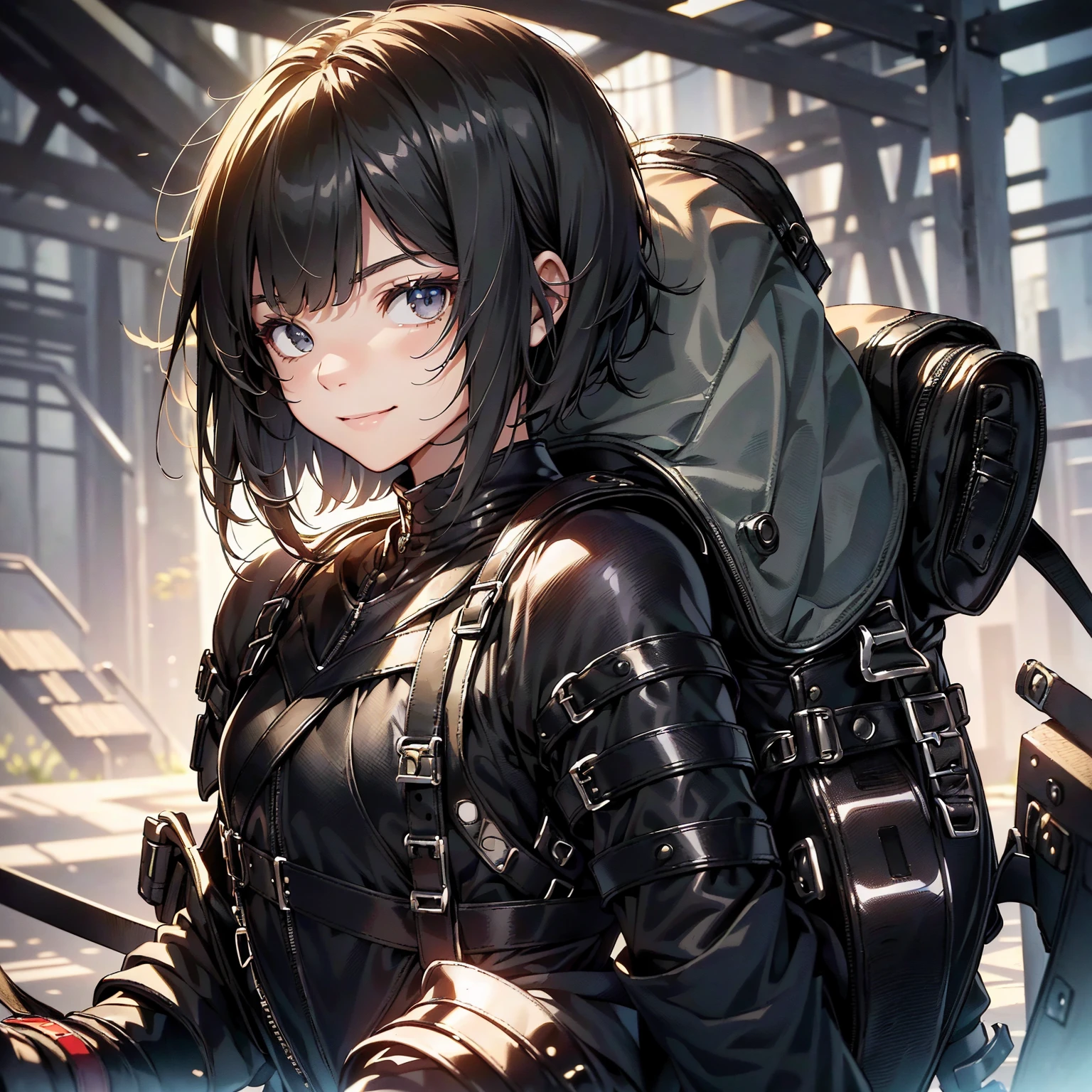 (masterpiece、highest quality、highest resolution、clear_image、detailed details): (whole body、18 year old female fighter，Slender、small face、black super bob short hair、Shiny black tight combat uniform，tight suit、Gentle smile、Backpack)