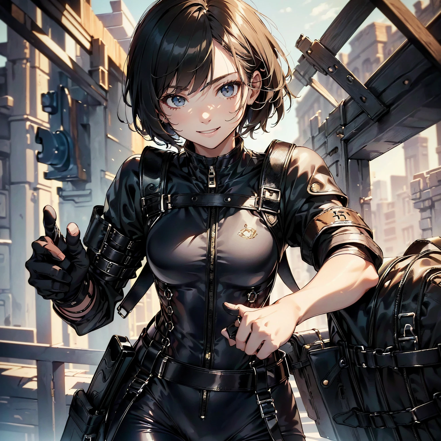 (masterpiece、highest quality、highest resolution、clear_image、detailed details): (whole body、18 year old female fighter,Slender、small face、black super bob short hair、Shiny black tight combat uniform,tight suit、Gentle smile、Backpack)
