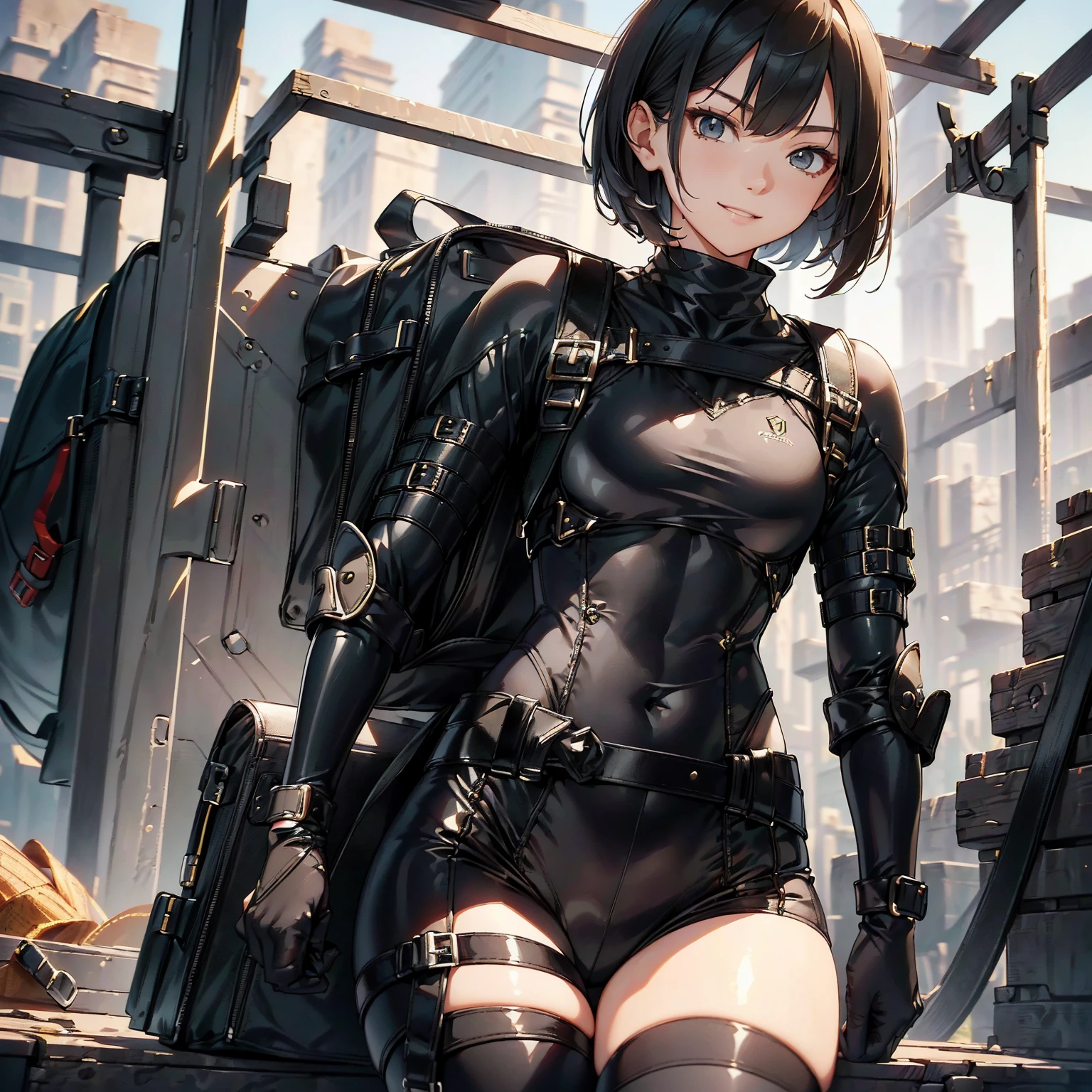 (masterpiece、highest quality、highest resolution、clear_image、detailed details): (whole body、18 year old female fighter,Slender、small face、black super bob short hair、Shiny black tight combat uniform,tight suit、Gentle smile、Backpack)