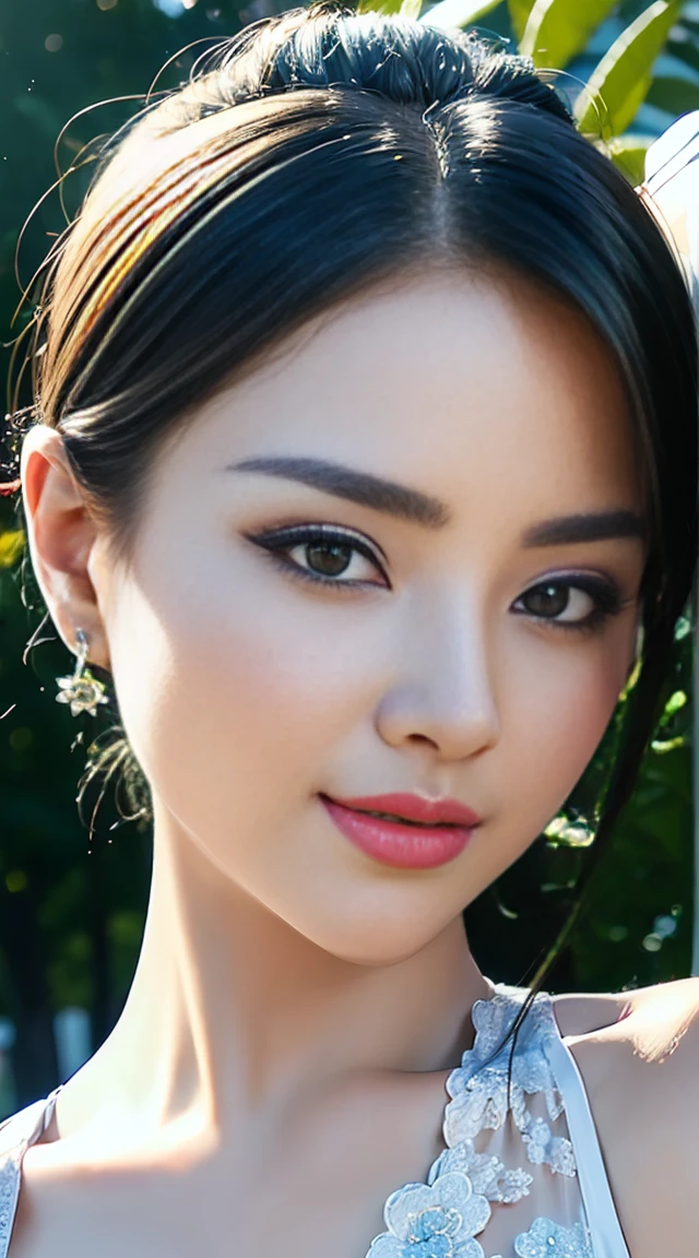 (Best Quality, 8K, Masterpiece: 1.3), (Ultra Real), (Illustration), (High Resolution), (8K), (Very Detailed), (Best Illustration), (Beautiful Detail Eyes), (Best Quality), (Ultra Detailed), (Masterpiece), (Wallpaper), (Detailed Face), Smile, Pure and Sweet, (Coiled Hair), Highly Detailed Face and Skin, Street Side, 1 Girl, Chunli, Chinese Style, Blue and White Porcelain High Split Cheongsam, Sexy Collarbone, Smooth Shoulders, Saturated Light, Edge Lighting, Backlight, Movies, full-body photos