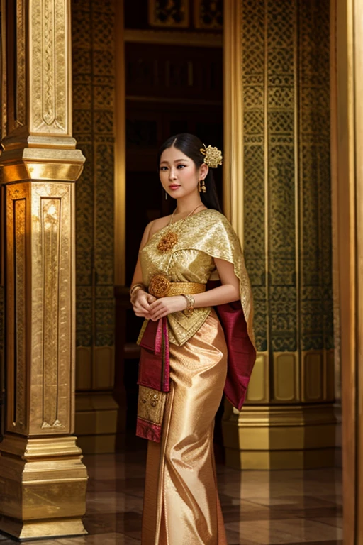 Thai woman, 60 years old, wearing traditional Thai dress Standing in the beautiful atrium with light coming through the glass.