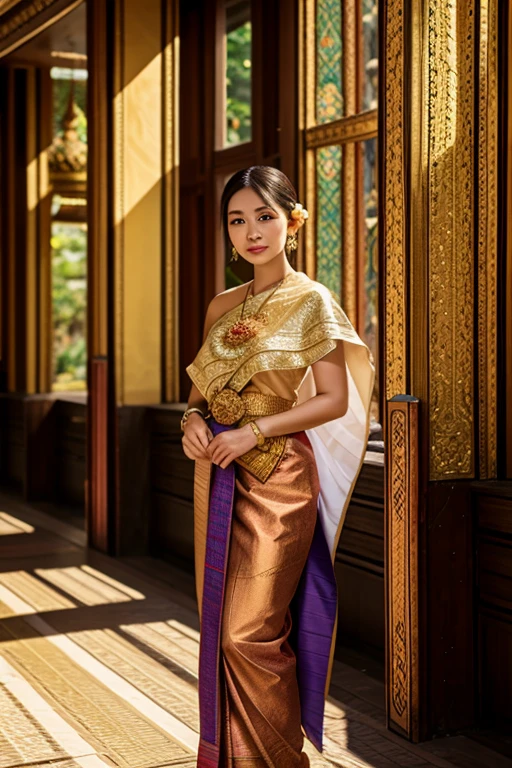 Thai woman, 60 years old, wearing traditional Thai dress Standing in the beautiful atrium with light coming through the glass.