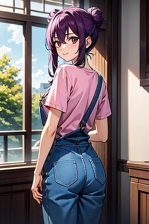 masterpiece, highest quality,High resolution,HD, 4K, 8K,cute,girl,one person, bun hair,purple hair,Her back-length hair is tied at the ends.,,9 years old,Height 148 cm,Weight 39 kg,Marble-like eyes,deep red eyes,All limbs,pink t-shirt,Blue overalls,full of energy,looking at the viewer,piece,One-eyed wink