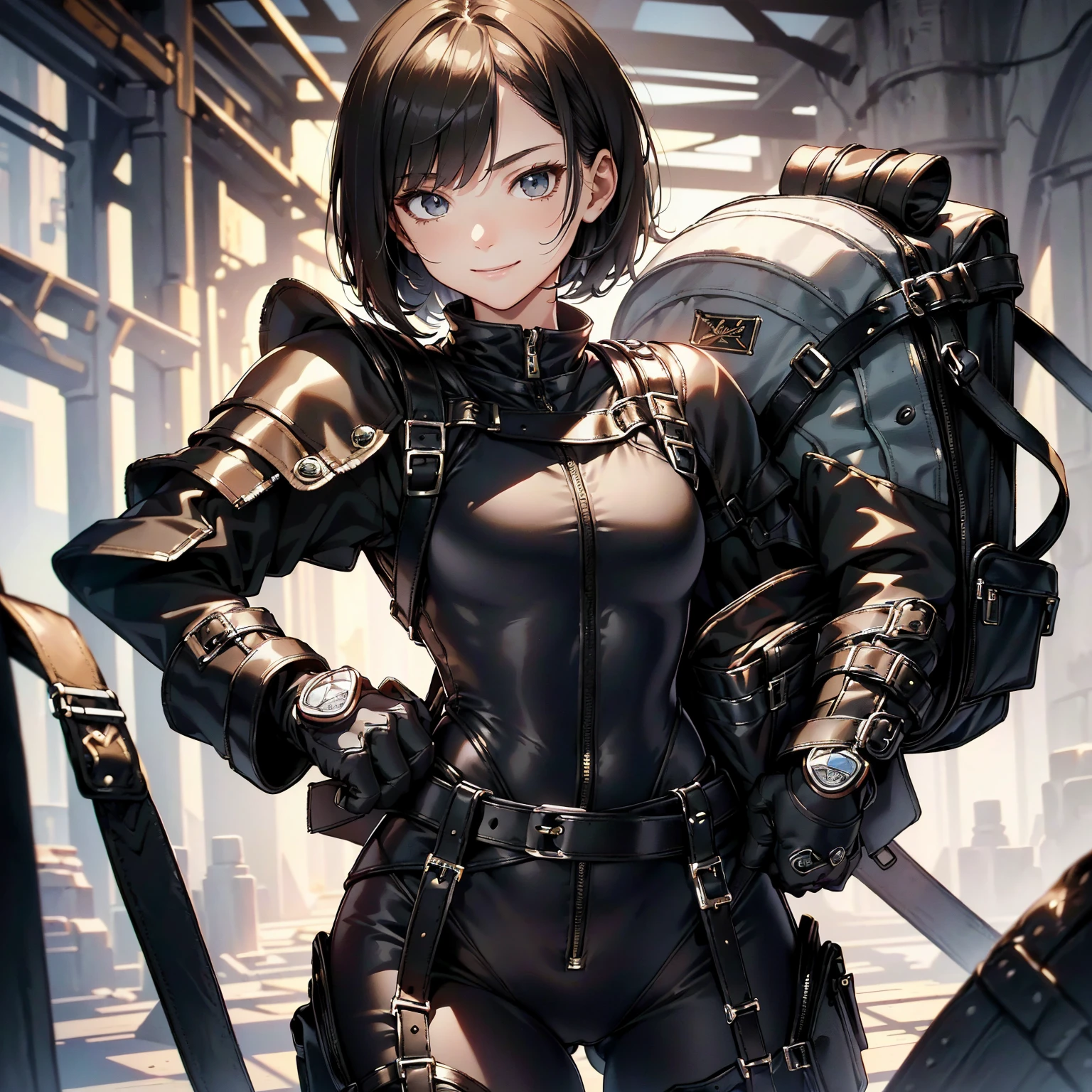 (masterpiece、highest quality、highest resolution、clear_image、detailed details): (whole body、18 year old female fighter,Slender、small face、black super bob short hair、Shiny black tight combat uniform,tight suit、Gentle smile、Backpack)