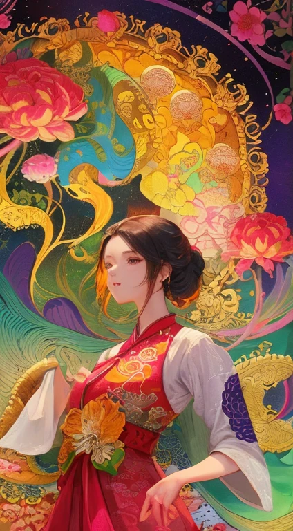 (masterpiece, top quality, best quality, official art, beautiful and aesthetic:1.2), (a beautiful girl in vintage aodai:1.3), extremely detailed,(fractal art:1.1),(colorful:1.1)(flowers:1.3),highest detailed,(zentangle:1.2), (dynamic pose), (abstract background:1.3), (vietnam Traditional cloth:1.2), (shiny skin), (many colors:1.4), ,(earrings:1.4),