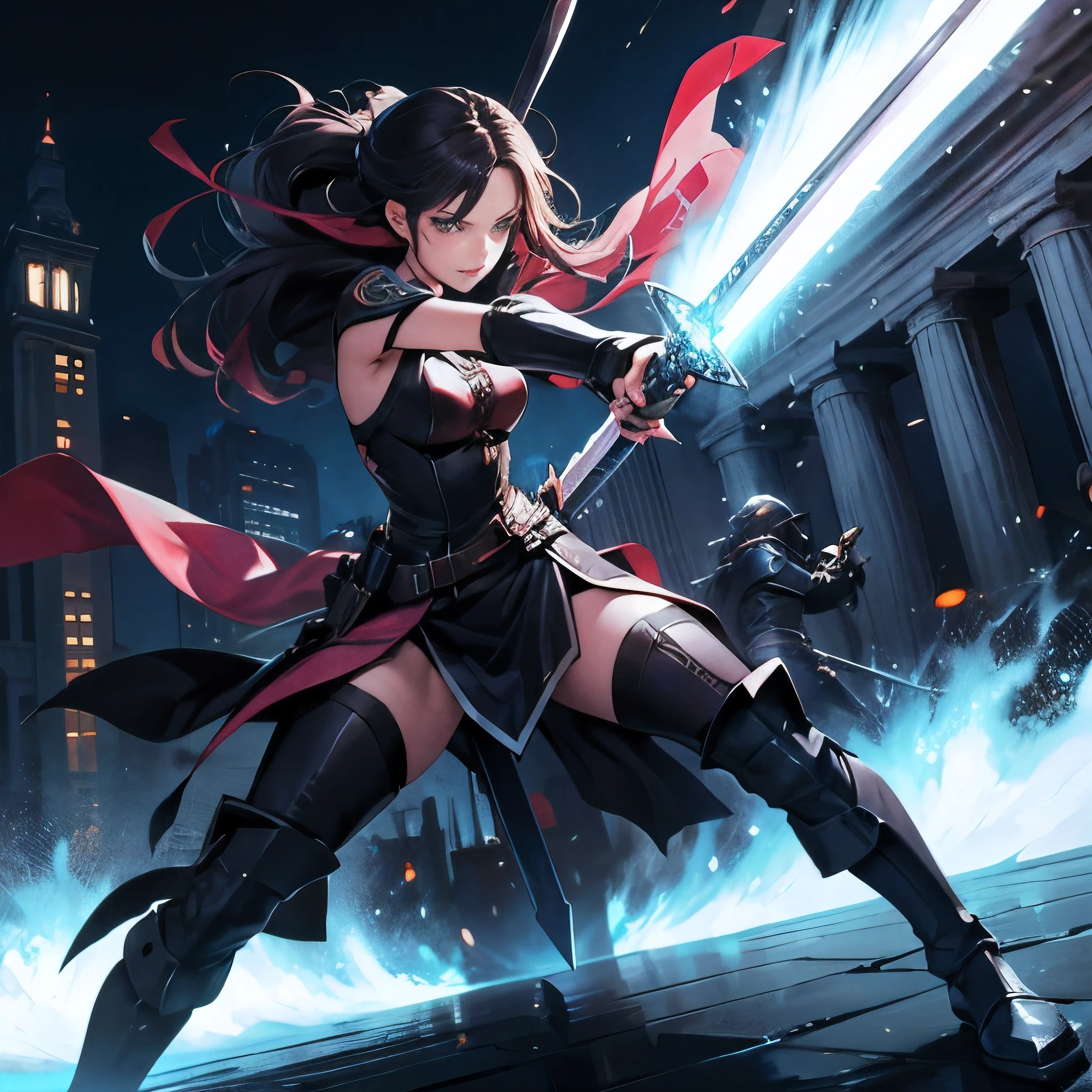 Digial art, woman, action pose, swinging sword
