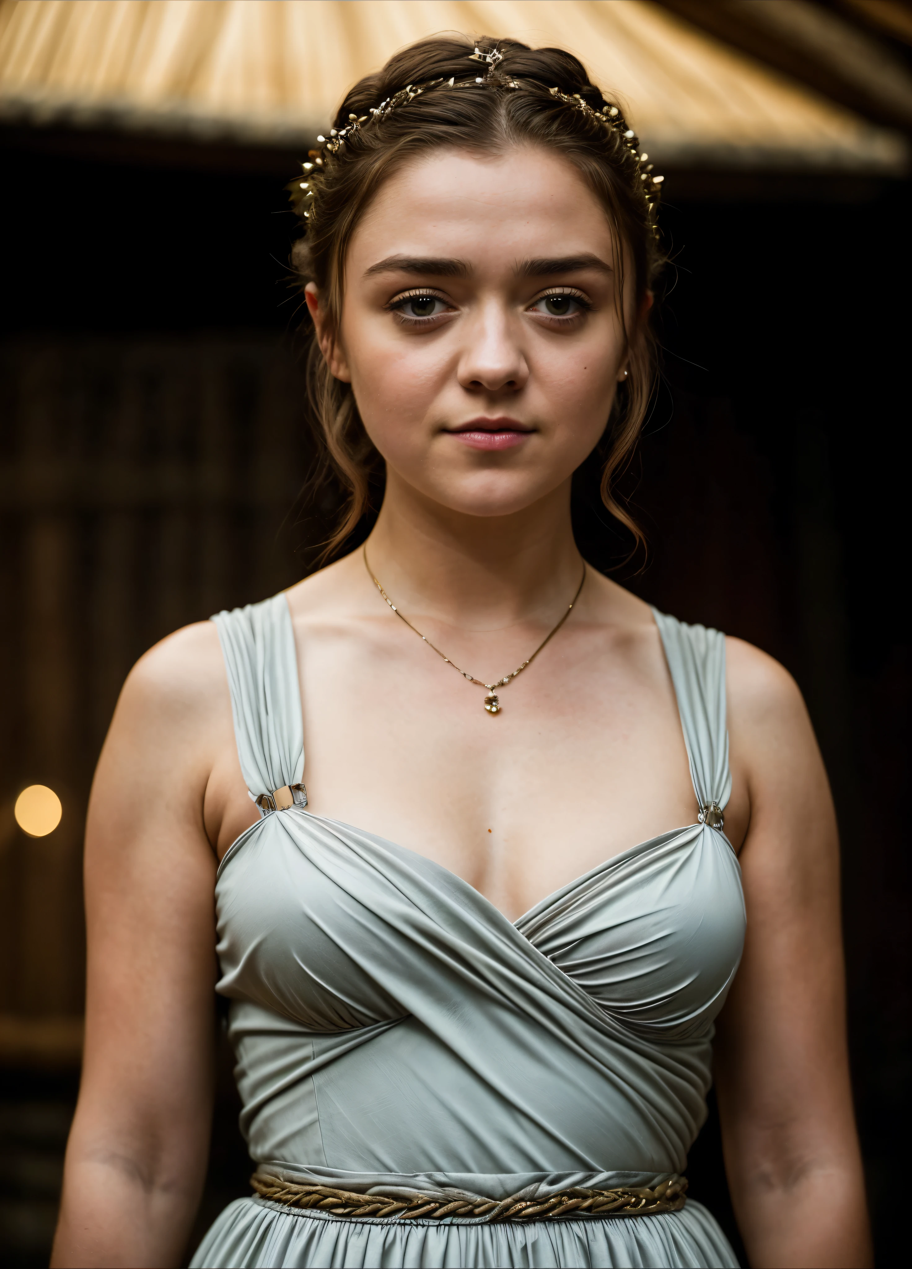 Foto RAW, Arya Stark, Extremely gorgeous lady, Arya Stark PLAYED BY MAISIE WILLIAMS, Queen Arya Stark, she  a mature woman now, milf, sexy mediaeval battle dress, gladiator woman, body, 40 years old Woman, body revealing costumes, perky breast, skin pores, big natural breast, erotic costumes, lusty physique, seductive figure can capture every people's attention, Game of thrones costumes, revealing captivating figure, Mediaeval costumes, revealing clothes, A tomboy, she would rather fence than dance, warrior queen , game of thrones screen caps, Game of Thrones Series, (pele altamente detalhada: 1.2), 8k UHD, DSLR, soft-lighting, alta qualidade, grain of film, Fujifilm XT3, flawless picture, highly detailed, detailed Beauty, intricate, 32k, sharp picture,