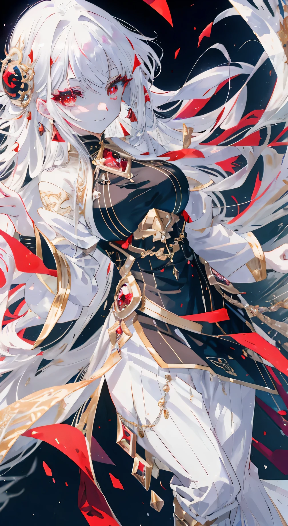 (Simple hands:0.5)+(Detailed hands:0.7), (masterpiece), (best quality), white hair, red Eye,1 girl, pale skin, white hair, red Eye, two tone hair, eyelash, bracelet, jewelry, Smile, sparkles on the skin, shiny hair, detailed and majestic stage, fantasy, long hair, 1 girl, bicolor hair, night sky, 令人难以置信的细致CG插画masterpiece, looking at you, japanese manga, beautiful japanese manga Eye, beautiful detailed Eye, Eye, glittering Eye, red Eye, galaxy, nebula, (whole body), (bending),