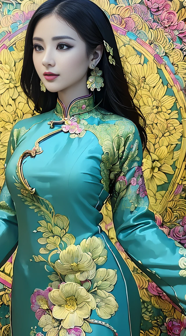 (masterpiece, top quality, best quality, official art, beautiful and aesthetic:1.2), (a beautiful girl in vintage aodai:1.3), extremely detailed,(fractal art:1.1),(colorful:1.1)(flowers:1.3),highest detailed,(zentangle:1.2), (dynamic pose), (abstract background:1.3), (vietnam Traditional cloth:1.2), (shiny skin), (many colors:1.4), ,(earrings:1.4),