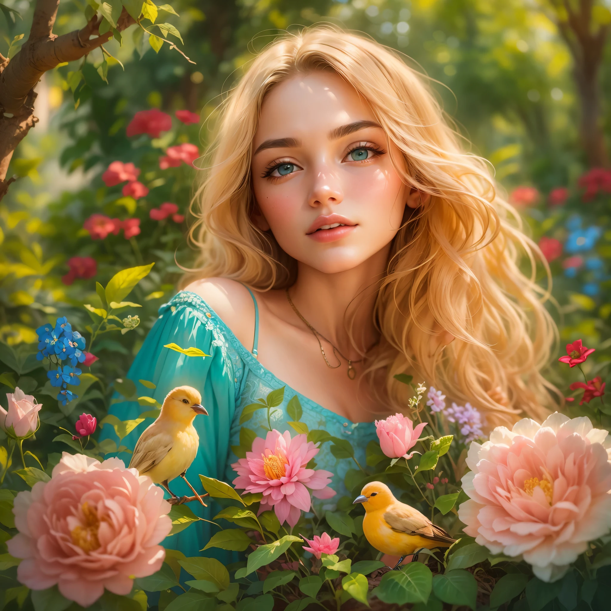 Detailed beautiful girl with piercing blue eyes, pink rosy lips, and flowing golden locks. She is surrounded by a lush garden filled with vibrant flowers and tall green trees. The sunlight creates a warm and soft glow, illuminating her flawless skin. The garden is filled with the melodious chirping of birds and the gentle rustling of leaves. The girl holds her phone in front of her face, taking a selfie with the garden as the backdrop. The vibrant colors and intricate details of the flowers and plants add depth and liveliness to the scene. The atmosphere is serene and peaceful, capturing a moment of joy and tranquility. The image quality is of the highest level, with crisp details and vivid colors that bring the scene to life. The lighting is natural and soft, emphasizing the girl's features and creating a dreamy ambiance. The overall style is a mix of portrait and nature photography, combining the beauty of the girl with the beauty of the garden.