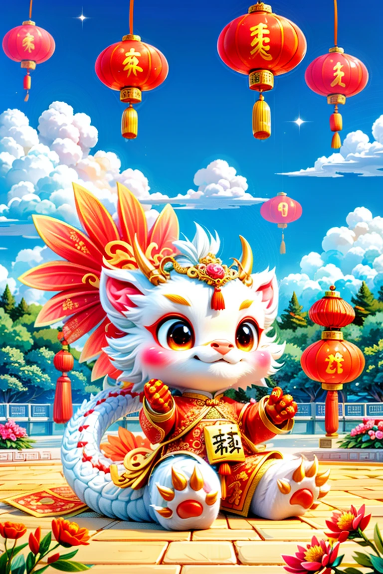 1 Chinese dragon,(China red:1.5),medium shot,Chinese style,chinese palace,Spring Festival,lantern,fireworks,firecracker,flowers,clouds,stone fragment,Beautiful and delicate water,Wood grain flooring,Cute Chinese Dragon