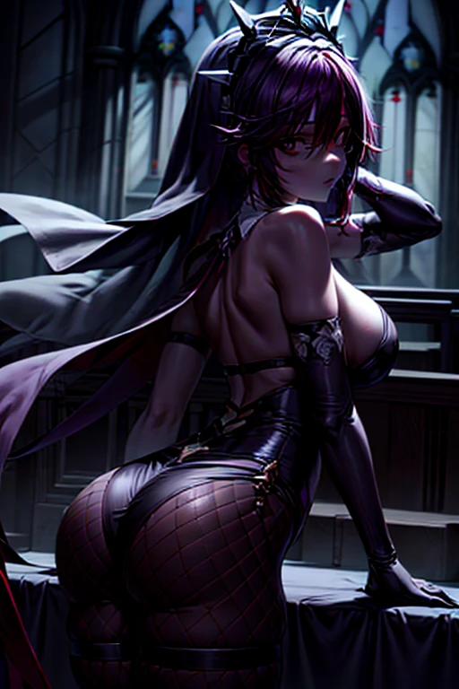 (masterpiece), best quality, expressive eyes, perfect face, perfect eyes, extremely detailed eyes, illustration

landscape, beautiful scenery, character in a church, from behind, dark theme, 
, rosaria, bags under eyes, hair between eyes, long eyelashes, multicolored hair, (purple eyes:1.1), purple hair, red hair, short hair, streaked hair, bare shoulders, breasts, elbow gloves, fishnet pantyhose, fishnets, gem, gloves, gradient, nun, pantyhose, red gemstone, skindentation, thigh strap, tiara, white gloves, pelvic curtain, 