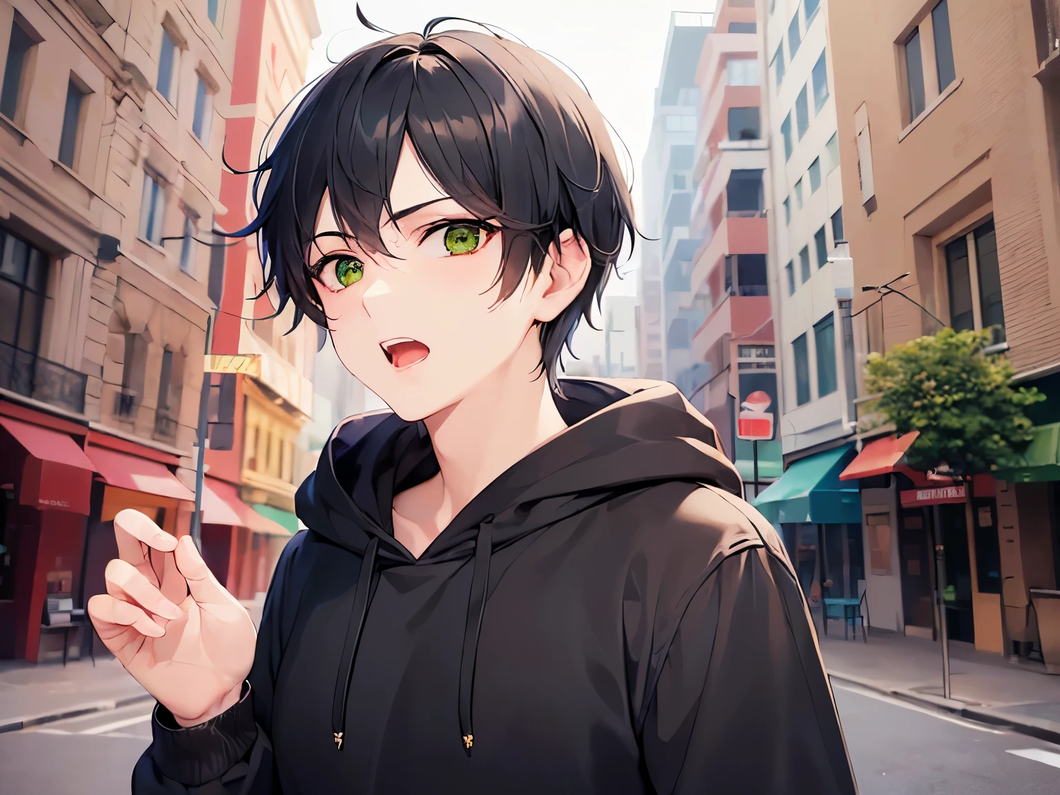 (Raising hand:1.5), masterpiece、high quality、bold composition、(25-year-old man with short black hair and green eyes:1.5)、(Wearing a gray hoodie:1.3)、(Alone:1.5)、(surprised:1.1), open mouth, Are standing、(The background is the entrance:1.3)