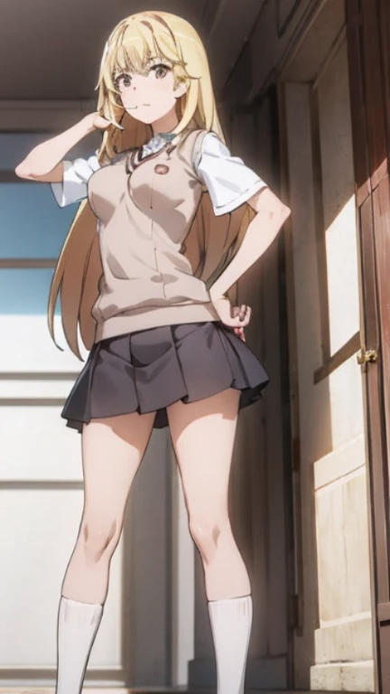 highest quality、one girl,full body figure、Perfect five-finger、two perfect legs、two perfect legs、、Misaki Shokuhou、 shy face、perfect thing、detailed description、small details、detailed face、erotic pose、big boobs、big 、turn around、look back、Pose that emphasizes the buttocks、classroom、Tokiwadai School Uniform