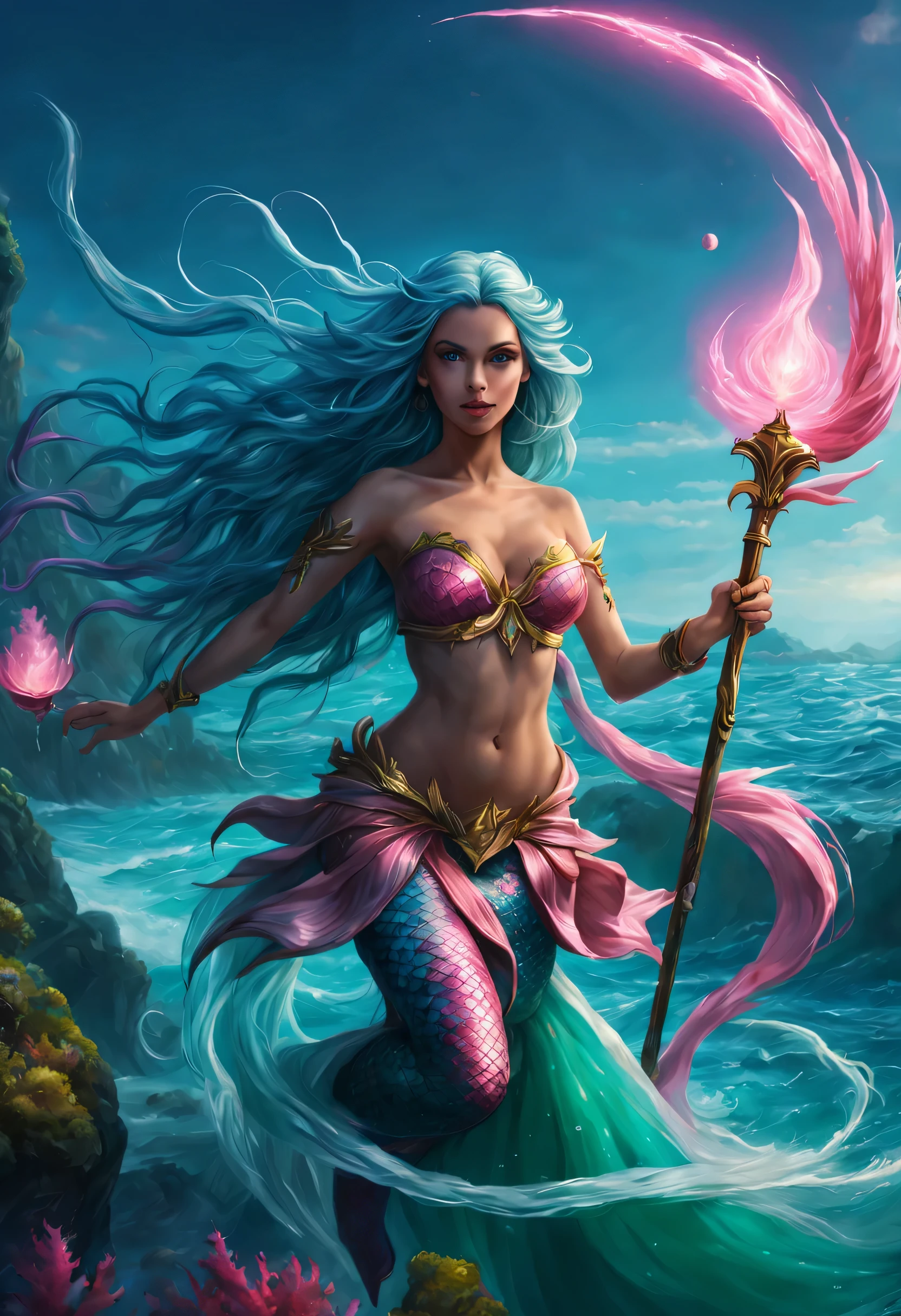 high details, best quality, 16k, [ultra detailed], masterpiece, best quality, (extremely detailed), full body, ultra wide shot, RAW, photorealistic, fantasy art, dnd art, rpg art, realistic art, an ultra wide picture of a mermaid (1.5 intricate details, Masterpiece, best quality) water mage casting ((water control spell)), water wizard ((water magic, intense magic details)), ((controlling a swirling mass of water)), magical symbols GlowingRunes_pink, female mermaid, blue skin, green hair, long hair, swirling hair, intense eyes, small pointed ears, ((blue eyes)), ((glowing eyes)), armed with magical wand, wearing sea shell clothing, beautiful mermaid, underwater background, rich underwater life, ((magical atmosphere)), fish and sea weeds, high details, best quality, highres, ultra wide angle
