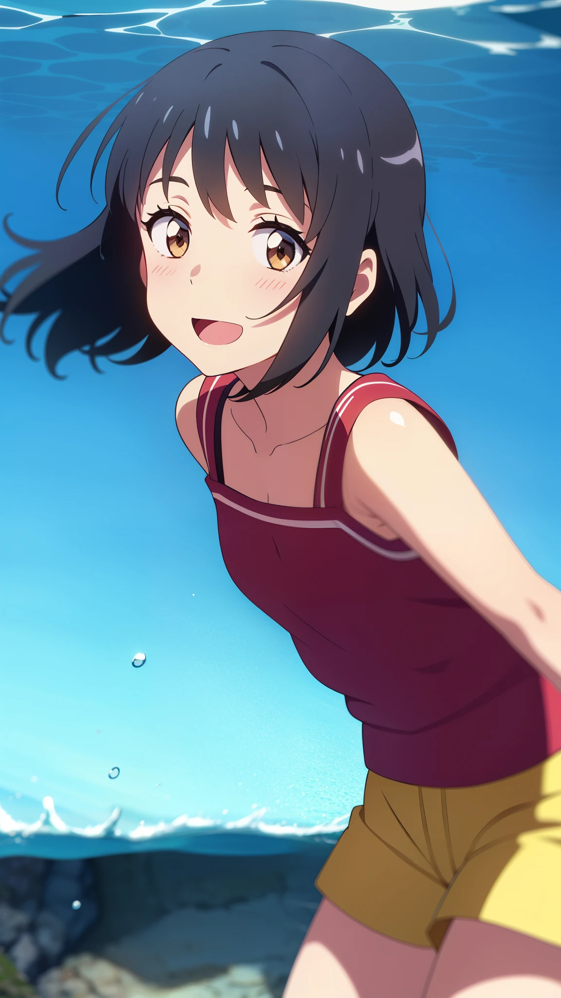 shinkai makoto, kimi no na wa., 1girl, bangs, black hair, blush, brown eyes, shiny skin, red headband, casual shirt, women's shorts, shorts, short hair, smile, cute, solo, happy, open mouth, Hair floating on water, under the water, upper-body, close-up, reefs, sea weed, deep blue underwater, seaweed, a sea turtle, gold fish