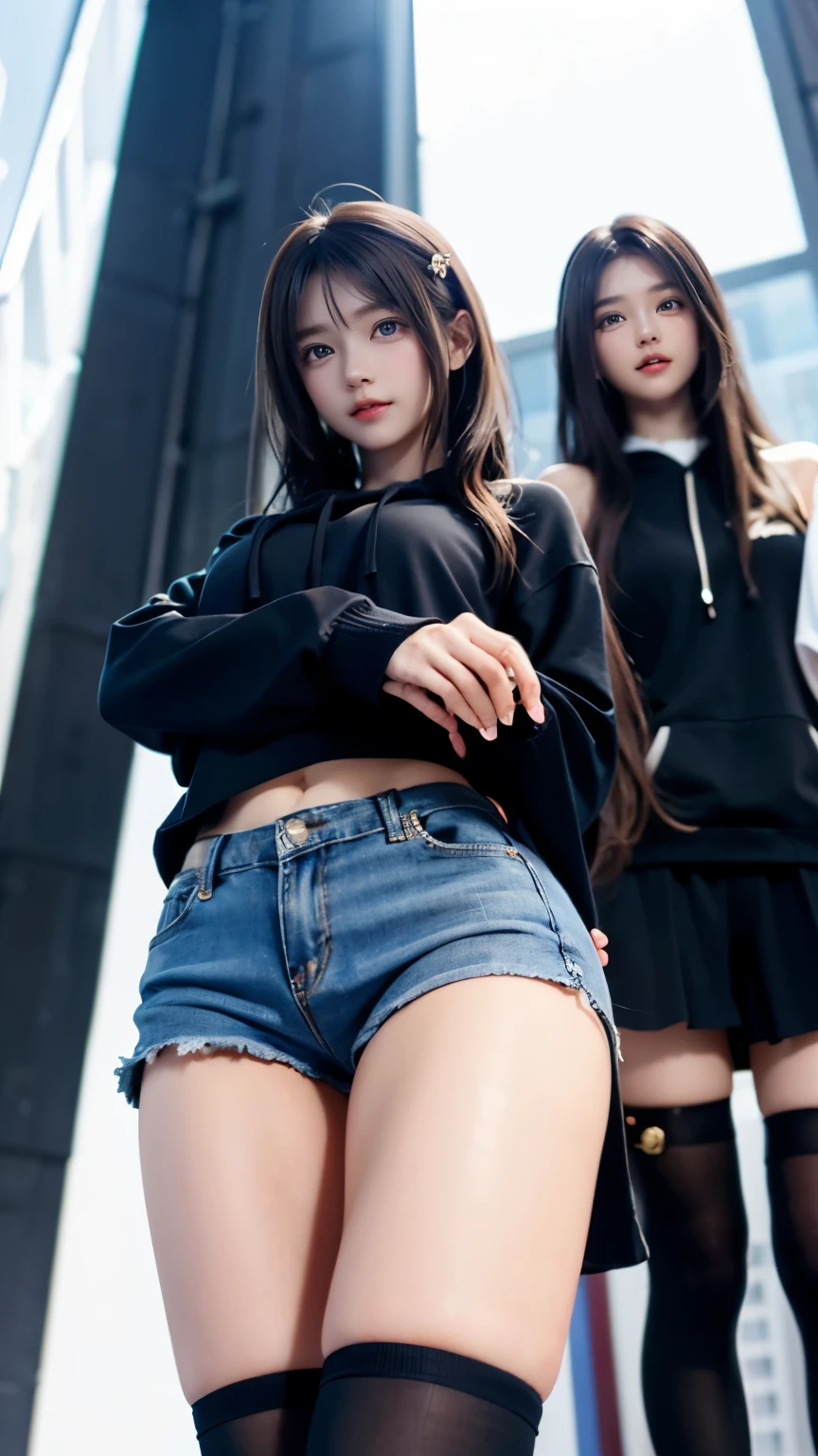 hot pants、、Supermodel、Perfect build、Muchimuchi、Three girls are looking at the viewer、　3 girls、、Thighhighs、beautiful feet、hot pants、hoodie、look down on、look of contempt、Seen by girls from below、Innocent face