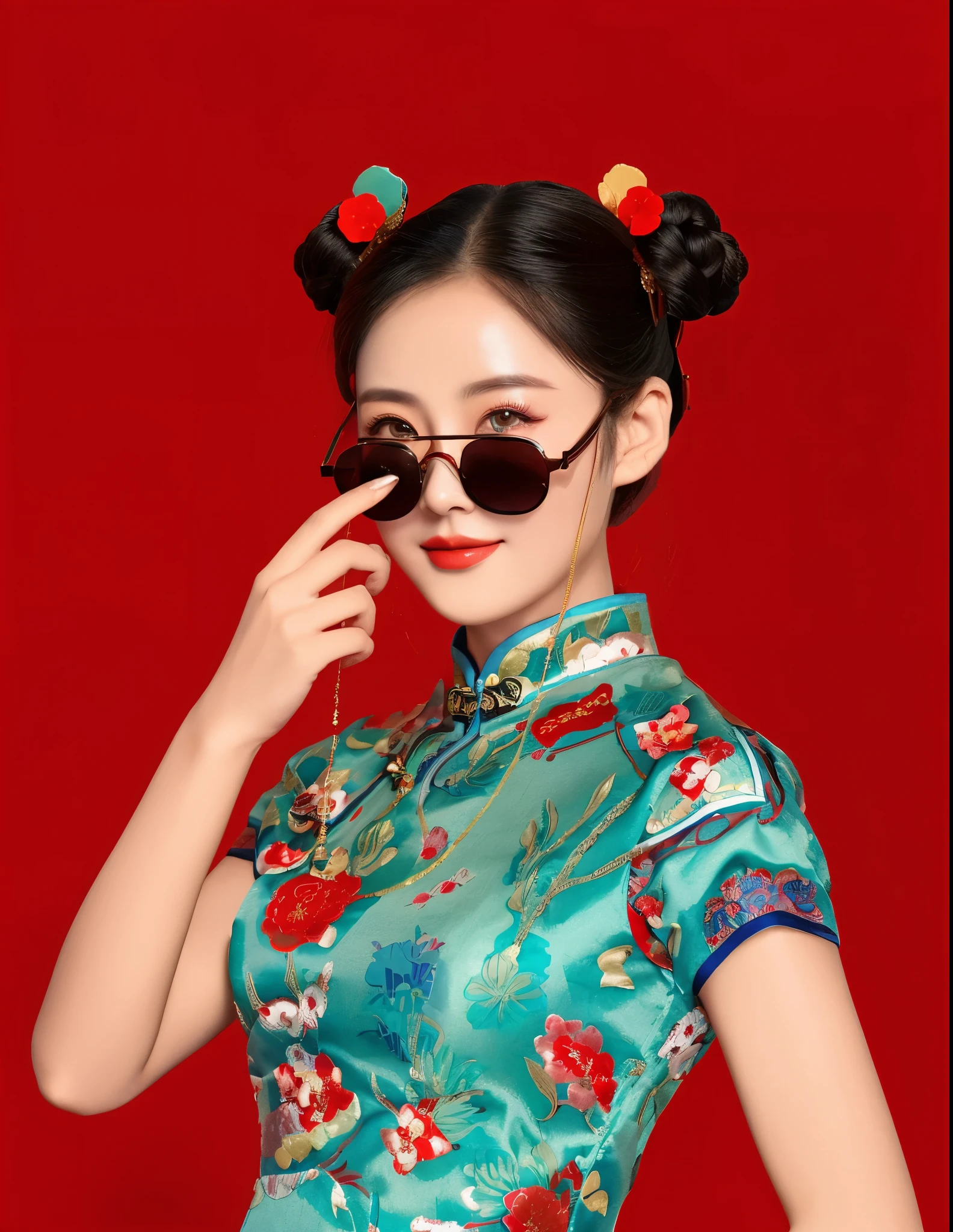 arafed woman in a blue dress and sunglasses posing for a picture, cheongsam, chinese style, wearing a red cheongsam, with acient chinese clothes, chinese girl, chinese dress, inspired by Mei Qing, chinese costume, chinese woman, traditional chinese clothing, inspired by Xie Huan, traditional chinese, inspired by Yao Tingmei, sha xi