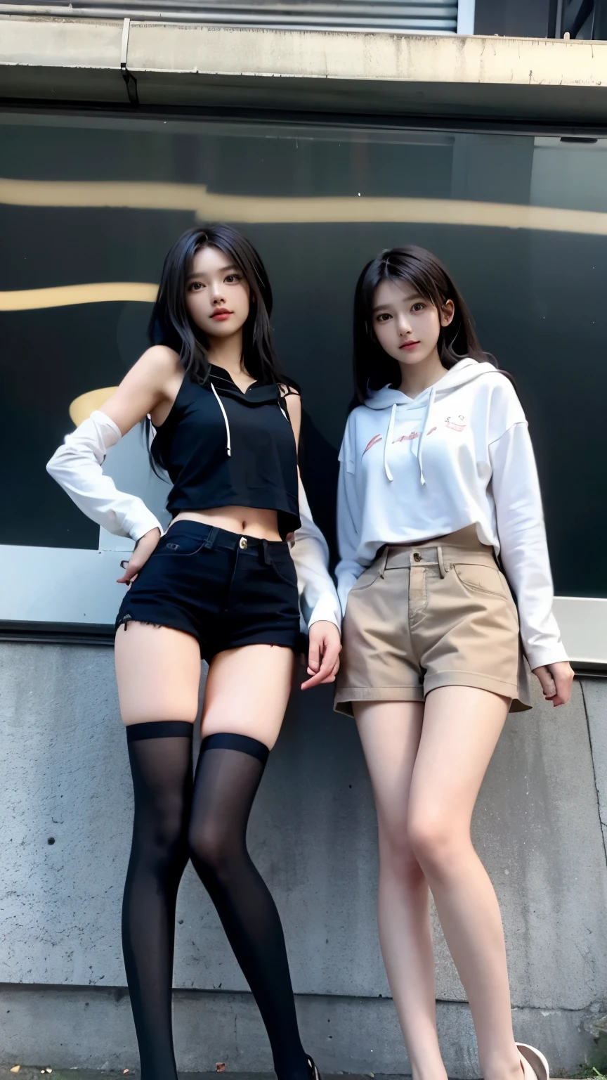 hot pants、、Supermodel、Perfect build、Muchimuchi、Three girls are looking at the viewer、　3 girls、、Thighhighs、beautiful feet、hot pants、hoodie、look down on、look of contempt、Seen by girls from below、Innocent face