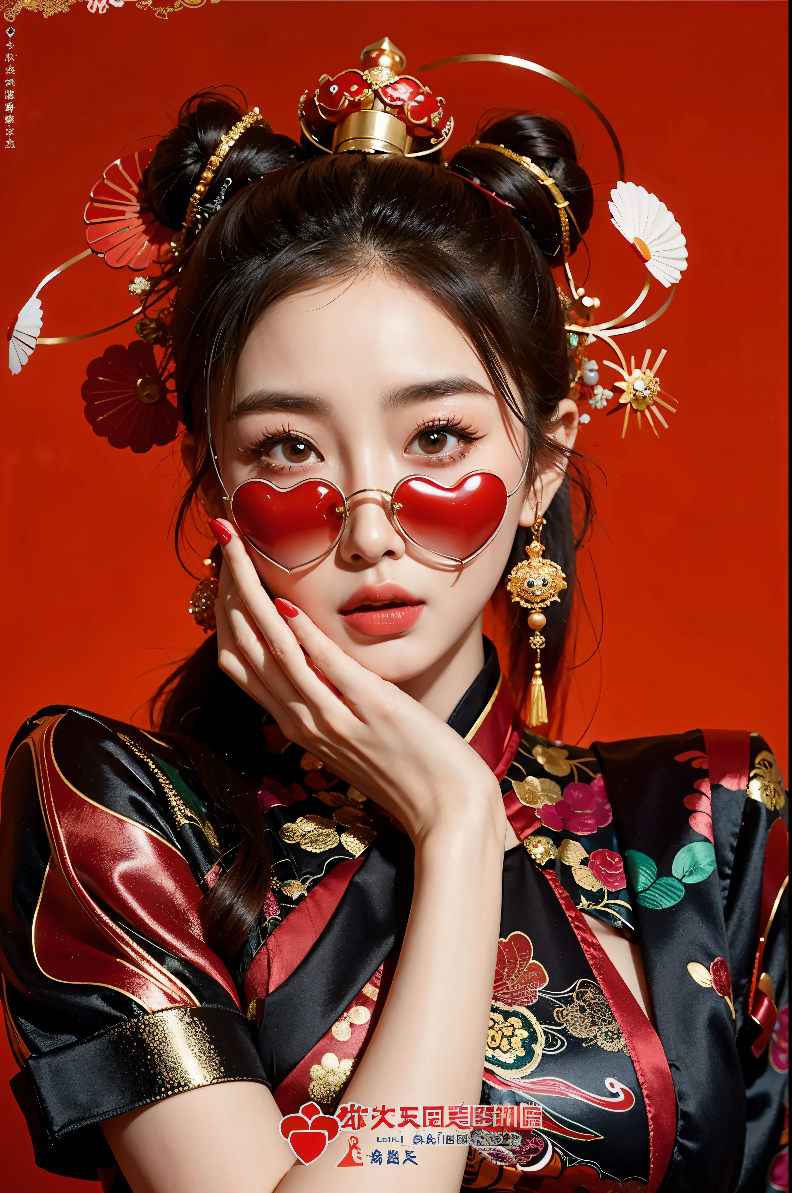 araffe woman with red heart shaped glasses and a fan, chinese style, fan bingbing, chinese girl, sha xi, inspired by Wu Bin, jingna zhang, chinese woman, inspired by Shao Mi, wearing red tainted glasses, inspired by Min Zhen, inspired by Lü Ji, inspired by Chen Lu, inspired by Huang Ji, inspired by Dai Xi