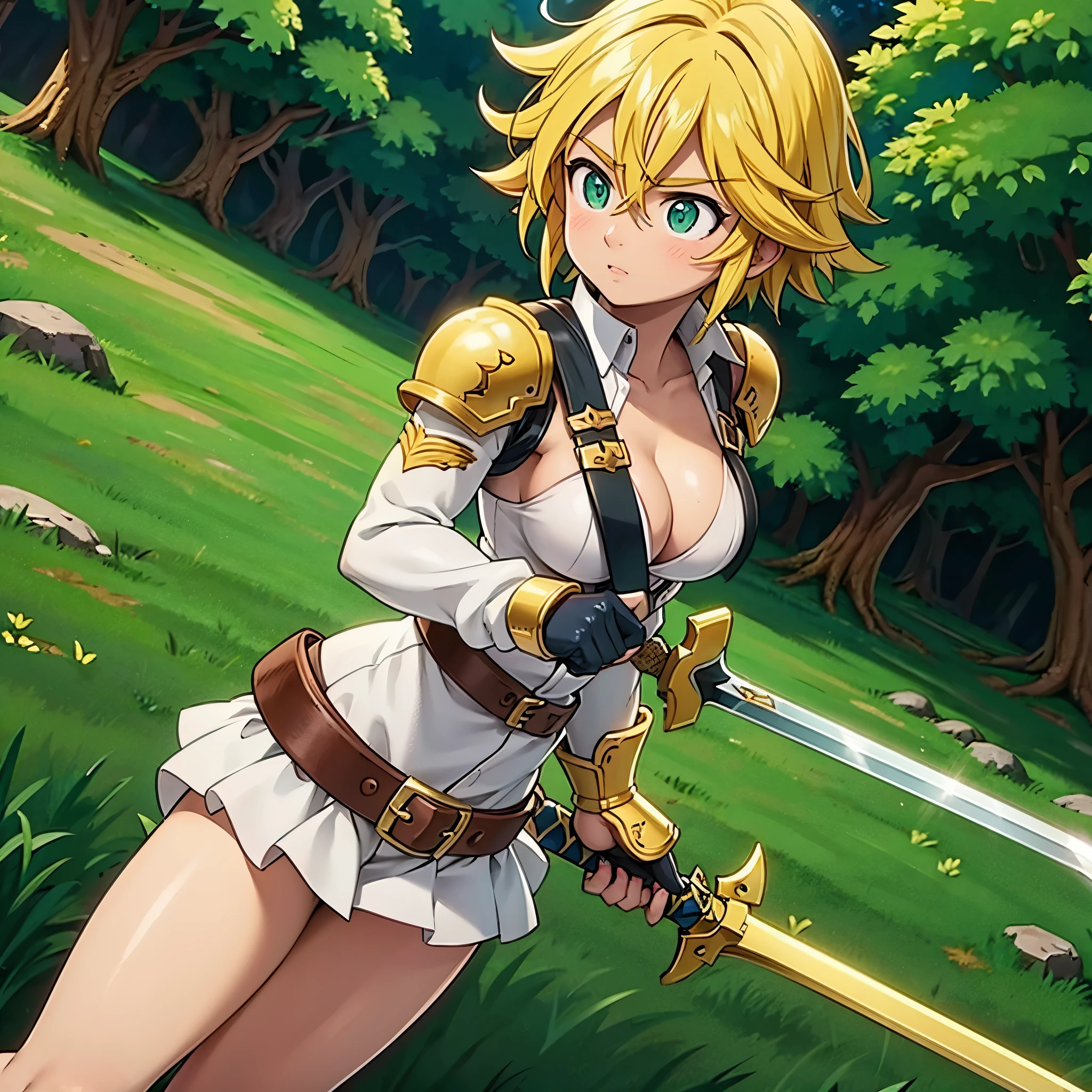 Meliodas in female version with medium breasts holding a sword in her hand, ultra 4k quality