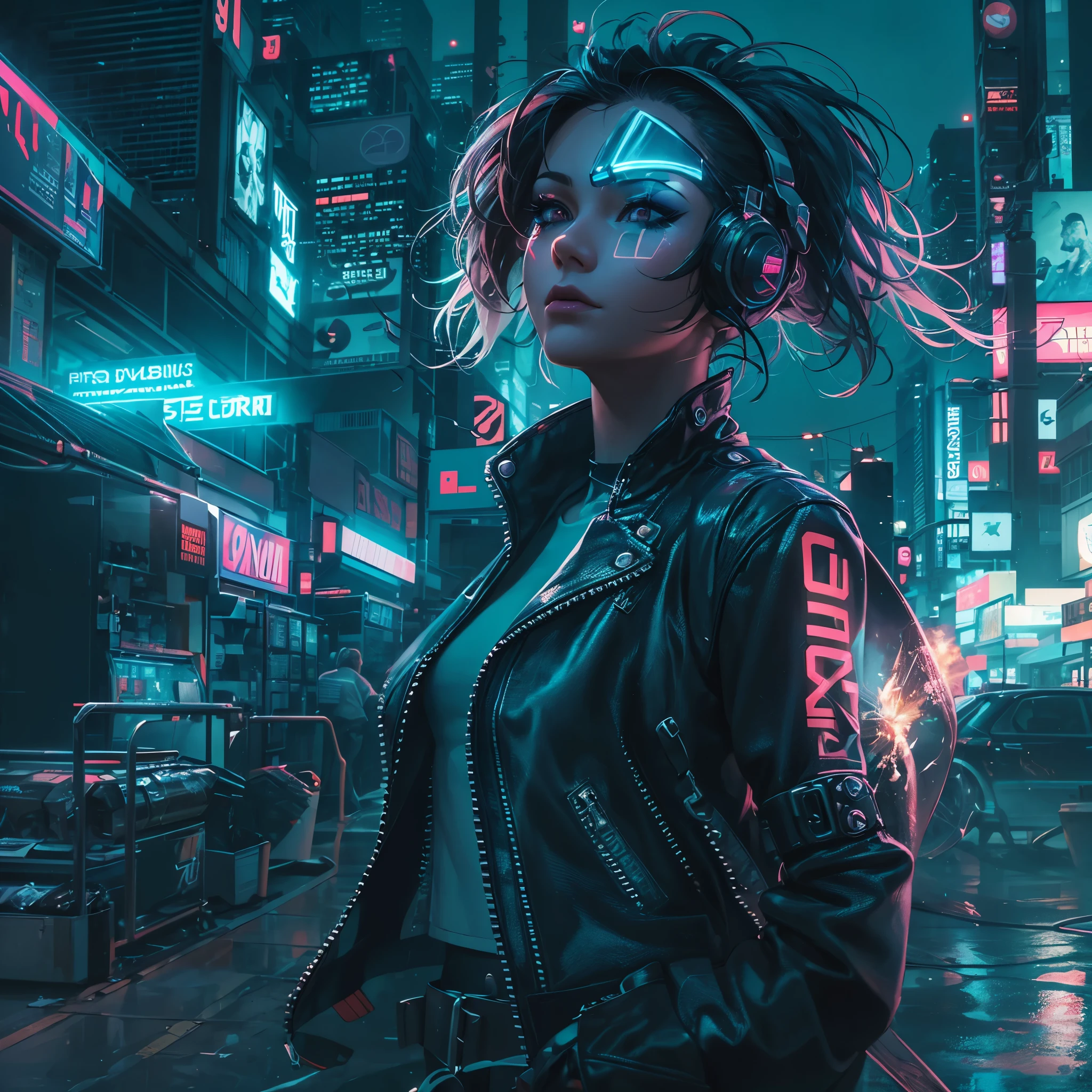 best quality,ultra-detailed,realistic,photorealistic:1.37,bodysuit,black tail,1girl,cat ears,cyberpunk style,detailed facial features,vivid colors,neon lights,cityscape,reflection,glowing tattoos,long hair flowing in the wind,sleek and shiny materials,high-tech gadgets,nighttime ambiance,urban setting,synthwave music,high-rise buildings,dynamic pose,electric blue color scheme,sci-fi elements,leather jacket,transparent visor,smoke machine,cool and confident expression,stylized makeup,electricity sparks,gritty atmosphere,artificial intelligence,industrial aesthetic,night market,hovering drones,advanced technology,street art,mysterious aura,advanced cybernetics