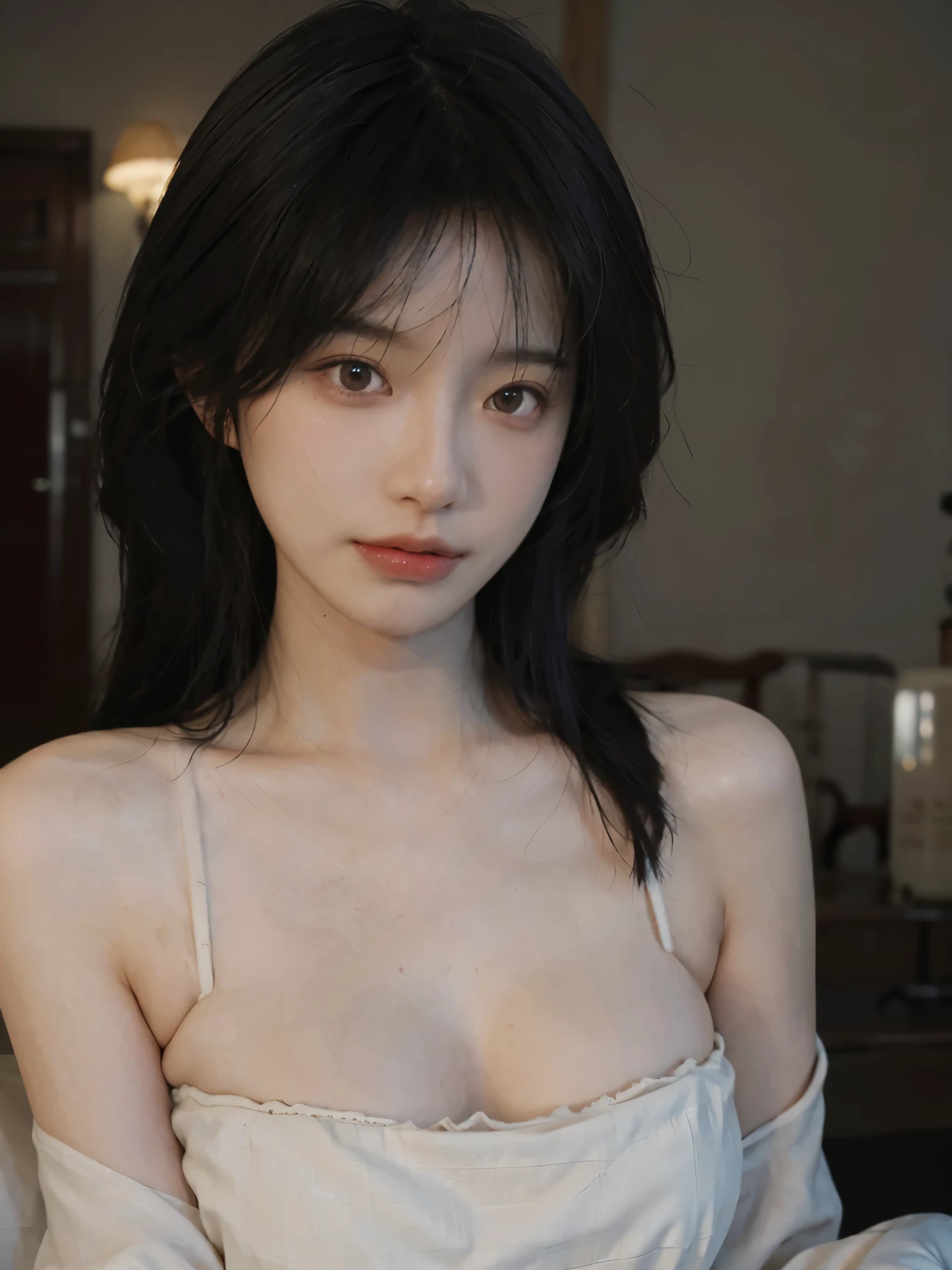 Film portrait photography, 1 girl, bare shoulders, Shoulder length wavy hair, serene, calm, (Realistic and detailed eyes, natural skin texture, Realistic facial details), Soft dramatic lighting, depth of field, Bokeh,cleavage,大cleavage, Vibrant details, Detailed and detailed, surreal, 35mm film, hazy, ,