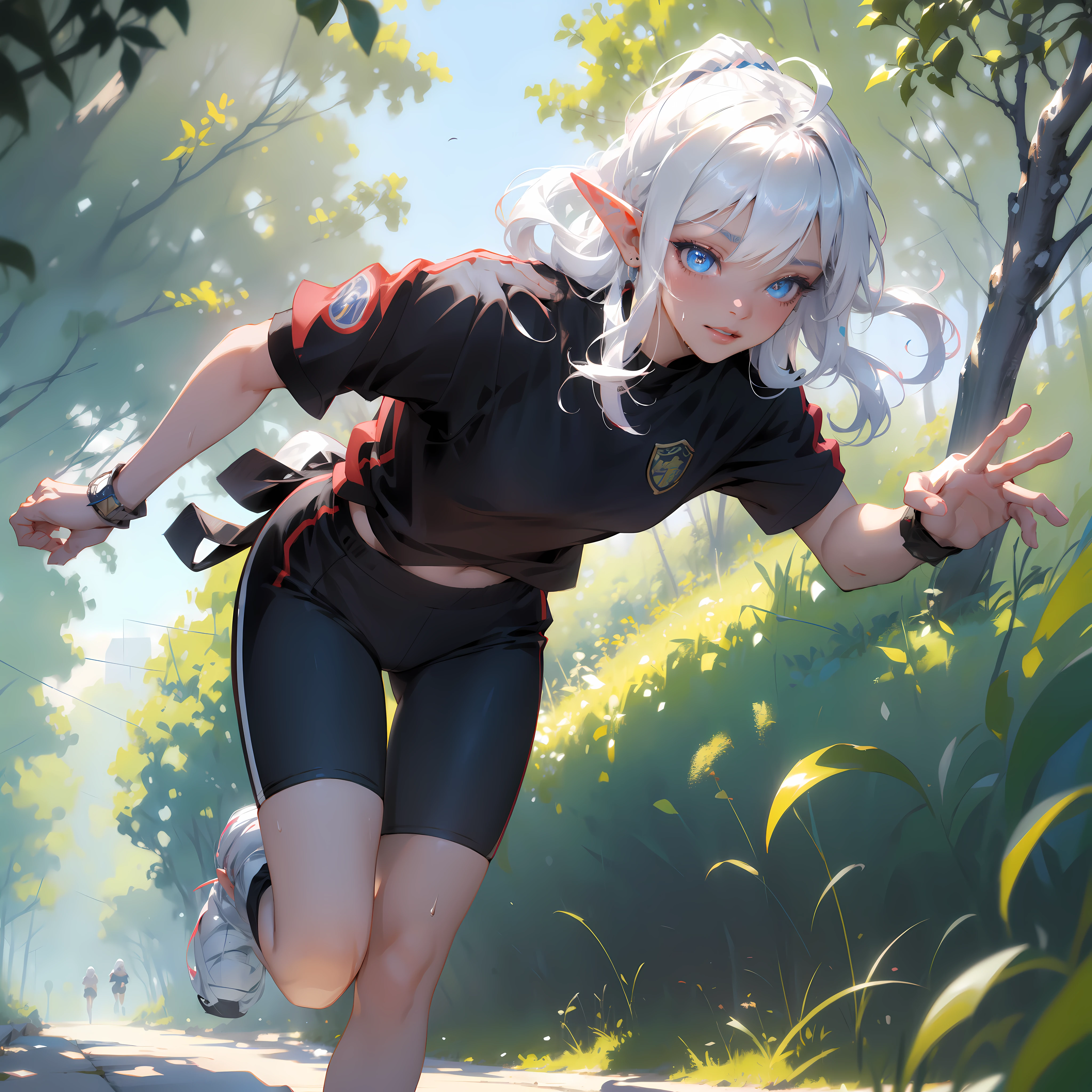 [[realistic shadow]], (Ray tracing), (Best lighting), (Depth of field:1.2), (Warm), (cg art), ((masterpiece)), (top quality), (best quality), ((ultra-detailed, 8k quality)), Aesthetics, Cinematic lighting, soft semi-backlit light, (detailed line art), absurdres, (best composition), (high-resolution),
BREAK,
beautiful of ((elf girl)), (jog), Runners, (White and black lined Jersey), sports leggings, sneakers, Beautiful scene, detailed background, Sunbeam, Running toward viewer in the park, (motion speed effect:1.1), (blurry), Dynamic pose, (Tree-lined avenue, lot of woods:1.2), (lot of people running:1.1), (sweat: 1.2), atmospheric perspective, cinematic dramatic atmosphere, 
BREAK,
highly detailed of (elf), (1girl), solo, perfect face, details eye, ahoge, French braids, long sideburns, ponytail, (white shining hair), (hime cut bangs), medium hair, (blue eyes), shining eyes, (beautiful detailed eyelashes, eyeshadow, pink eyeshadow), Smiling, Concept art by Mikimoto Haruhiko, by Kawacy, By Yoshitaka Amano,
BREAK, 
((perfect anatomy)), perfect body, Abs, (medium breast), perfect hands, perfect face, beautiful face, beautiful eyes, perfect eyes, (perfect fingers, deatailed fingers), correct anatomy, perfect legs, 