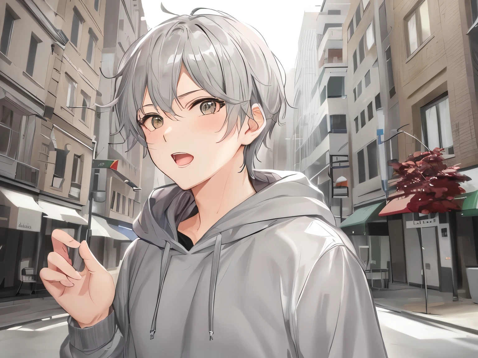 Wearing gray clothes、Wearing a gray hoodie