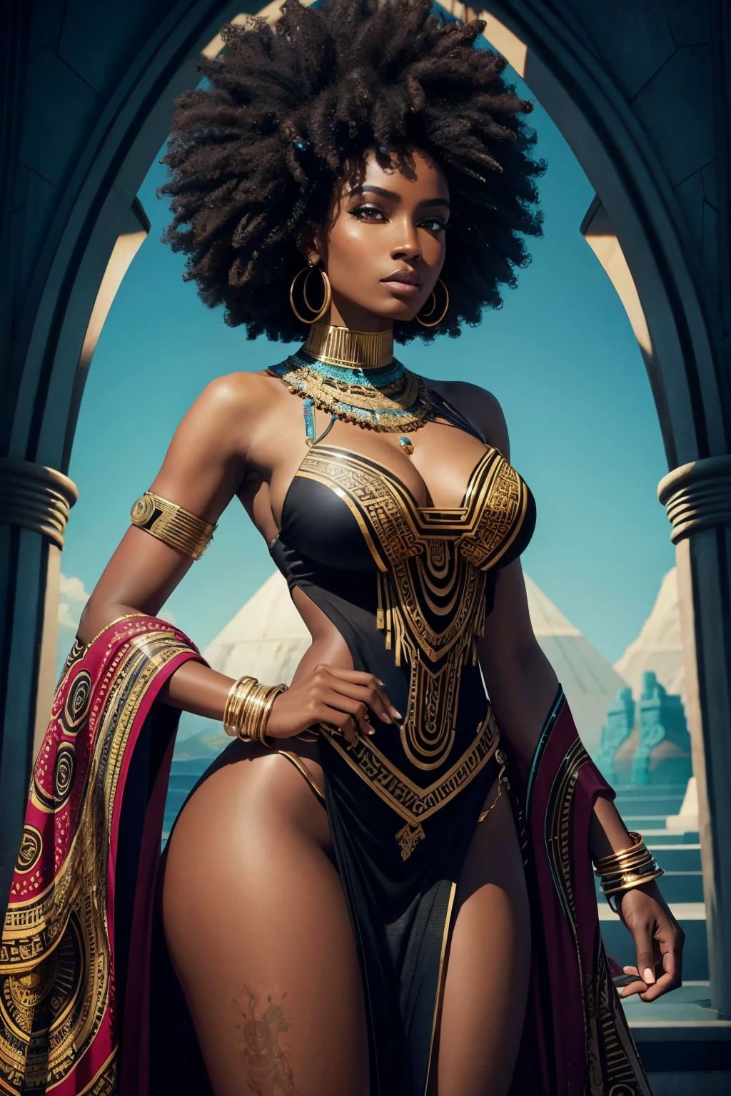 [A majestic image of an enigmatic dark-skinned woman, embodying the essence of the Afrofuturistic aesthetic. She stands tall and proud, her powerful figure adorned with intricate body paint, representing the rich tapestry of African mythology. The woman's afro, a symbol of African heritage and regality, cascades around her shoulders, framing her face. In each hand, she cradles a gleaming globe, her gaze fixed upon the intricate map of the world, representing the unity and interconnectedness of all cultures.
This breathtaking depiction is a testament to the Afrocentric mysticism and the Kemetic roots