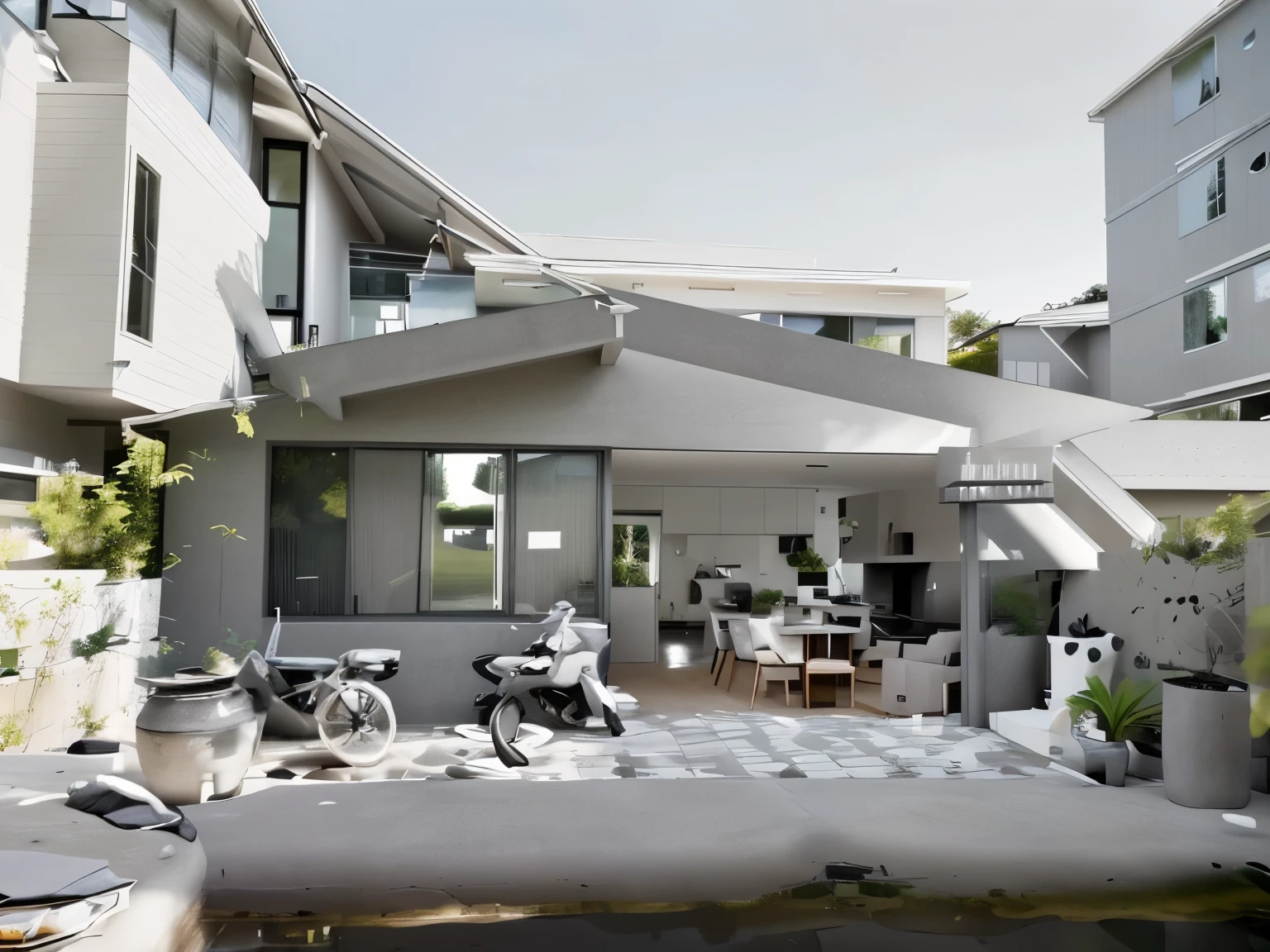 color photo of a modern and minimalist grey-colored Midcentury home. The house exudes an elegant and sophisticated vibe with its sleek lines, clean design, and neutral color palette. The exterior of the home is painted in a beautiful shade of grey, which perfectly complements the surrounding landscape. Large windows allow an abundance of natural light to flood the interior, creating a bright and airy atmosphere. The architectural details, such as the flat roof, angular shapes, and minimalistic landscaping, add to the overall contemporary aesthetic of the house. This grey Midcentury home stands as a timeless masterpiece, blending seamlessly with its surroundings.