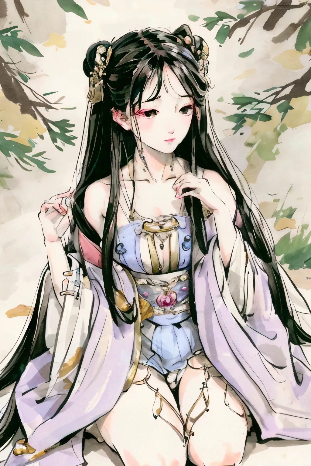 Exquisitely detailed old woman, (realism: 1.5), best quality masterpiece, long black hair, flowing down to her waist, (ultra high resolution), (photorealistic:1.3), deep wrinkles around her eyes, expressing wisdom and experience, wearing a traditional robe, hands folded in her lap, sitting in front of a solid background (masterpiece), (realistic:1.1), her long black hair gently covering her shoulders, showcasing its natural shine and luster.