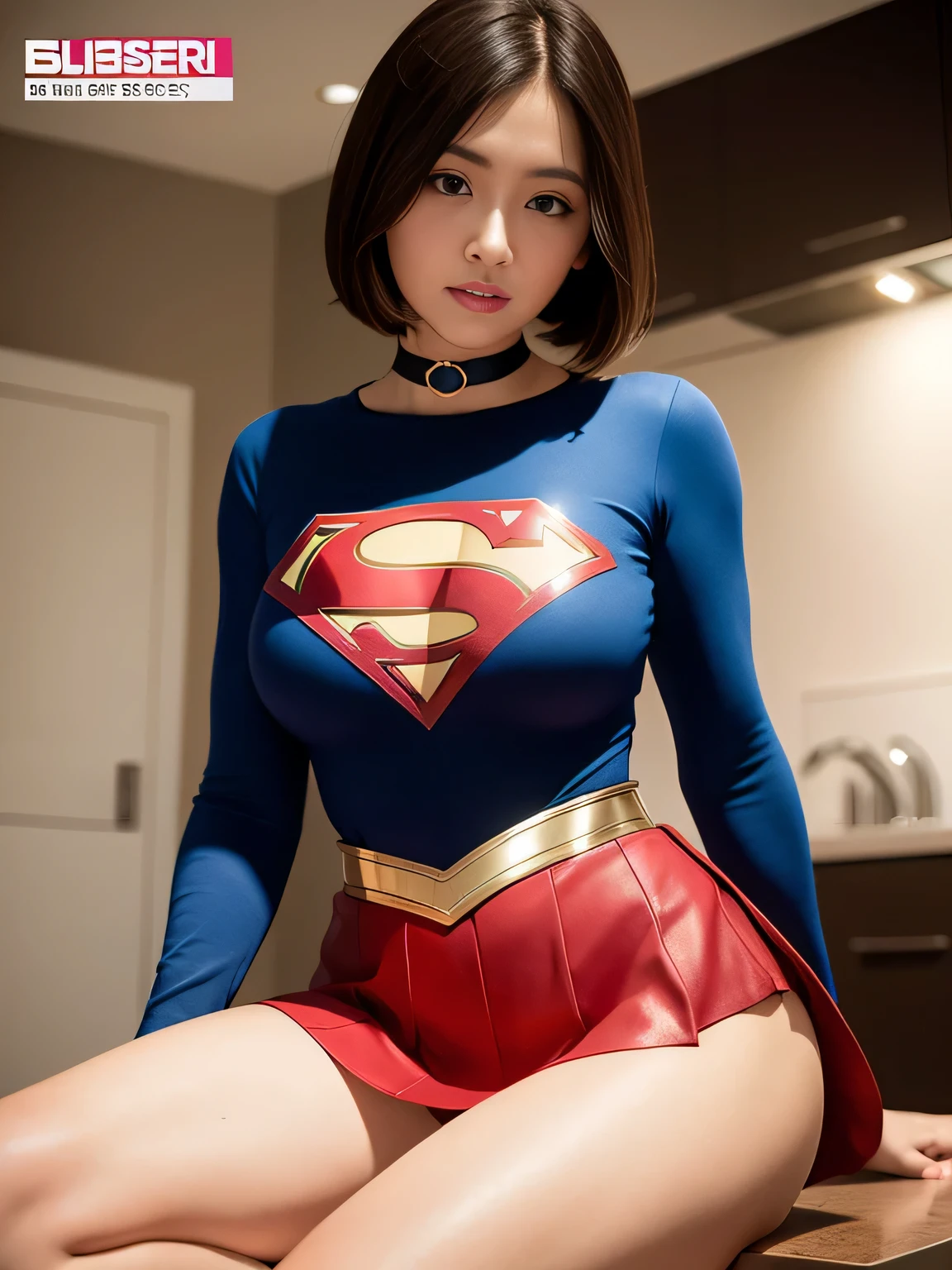 masterpiece,supergirl costume, short hair, barefoot, big and full breasts,operating room、operating table、straddle、damaged、shiny、look at the camera、provocation、Estrus、choker、Weekly magazine cover、long sleeve、red mini skirt、Cheerful pose